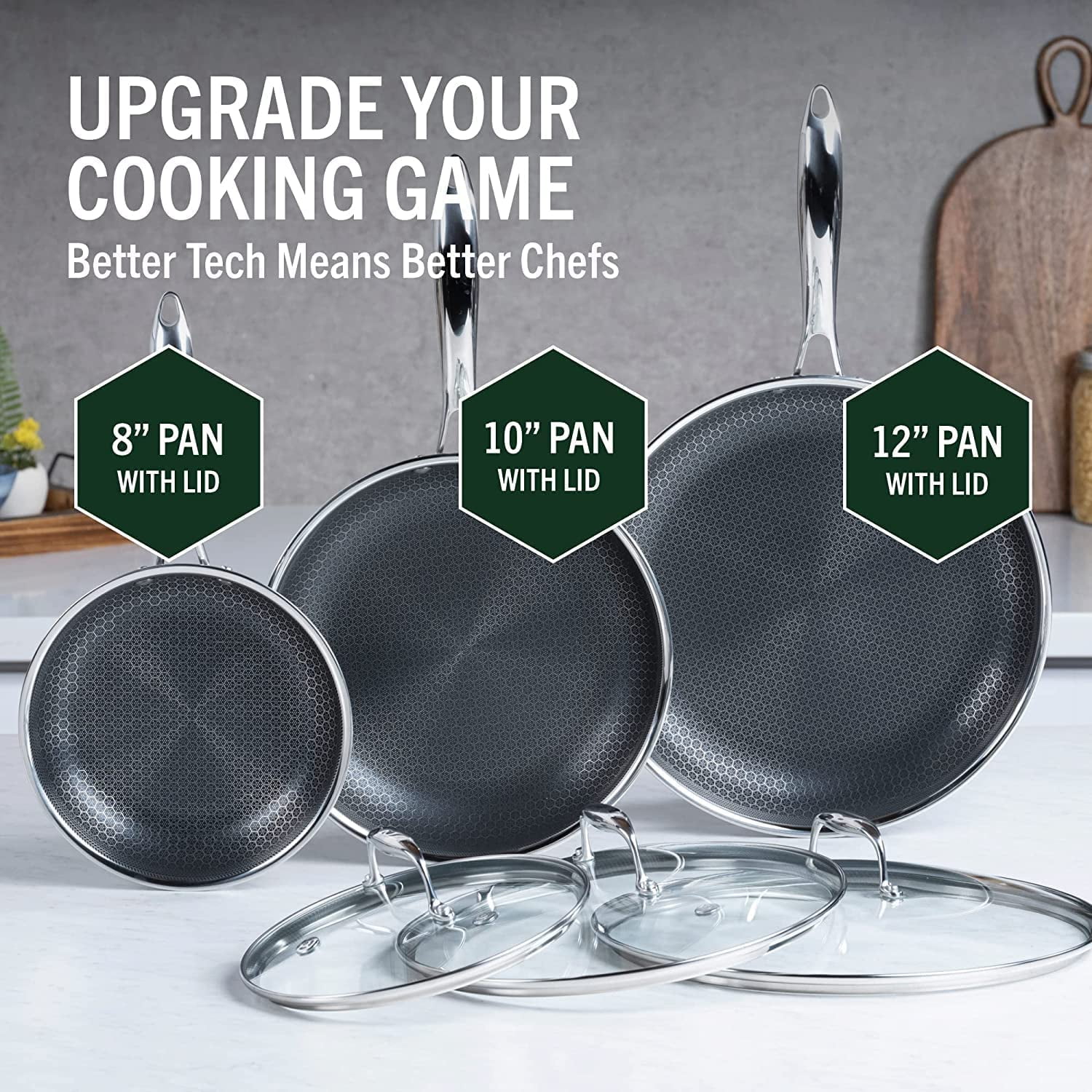 HexClad 6 Piece Hybrid Stainless Steel Cookware Pan Set 8", 10", 12" with Glass Lids - Image 4