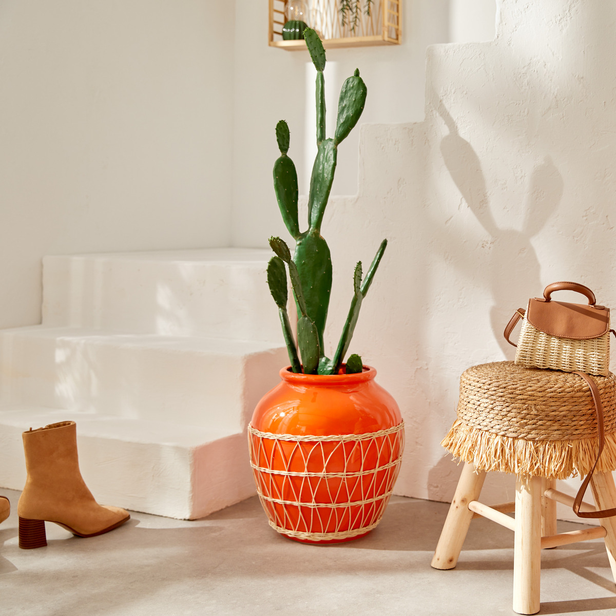 Vase "Yuca" Ceramic and rattan, H.33.5 cm