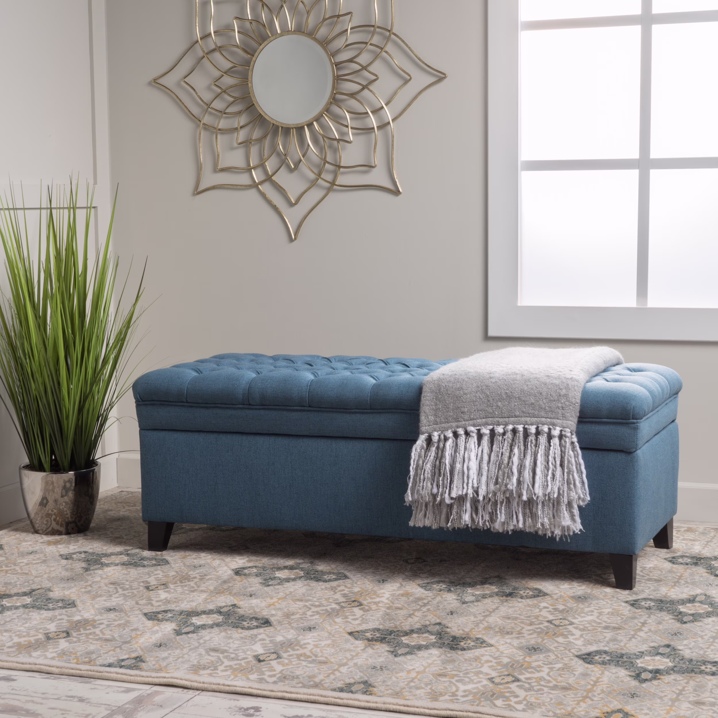 Noble House Hampton Contemporary Fabric Upholstered Storage Ottoman, White and Blue Floral - Image 11