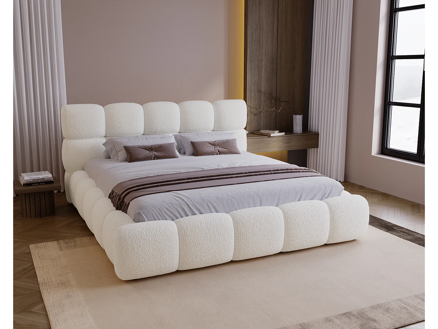 BESILIO Lit tapissé 200x200 bouclé Boston – lit avec coffre de rangement et sommier, lit coffre moderne en mousse épaisse – Crème