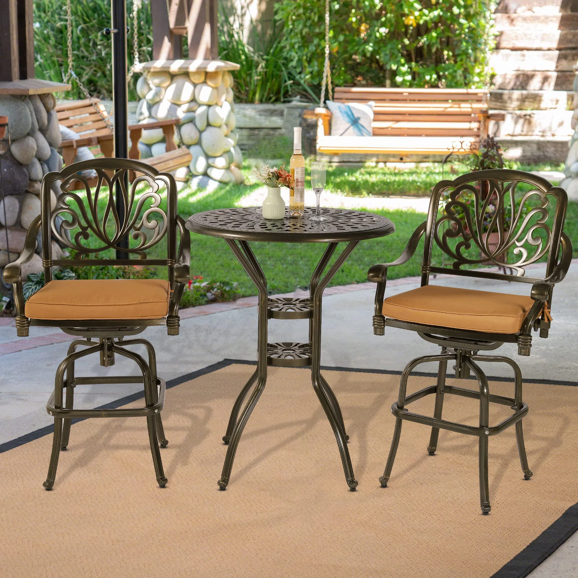 VIVIJASON 30.8" Round Cast Aluminum Patio Bar Table with Umbrella Hole, Antique Bronze - Image 11