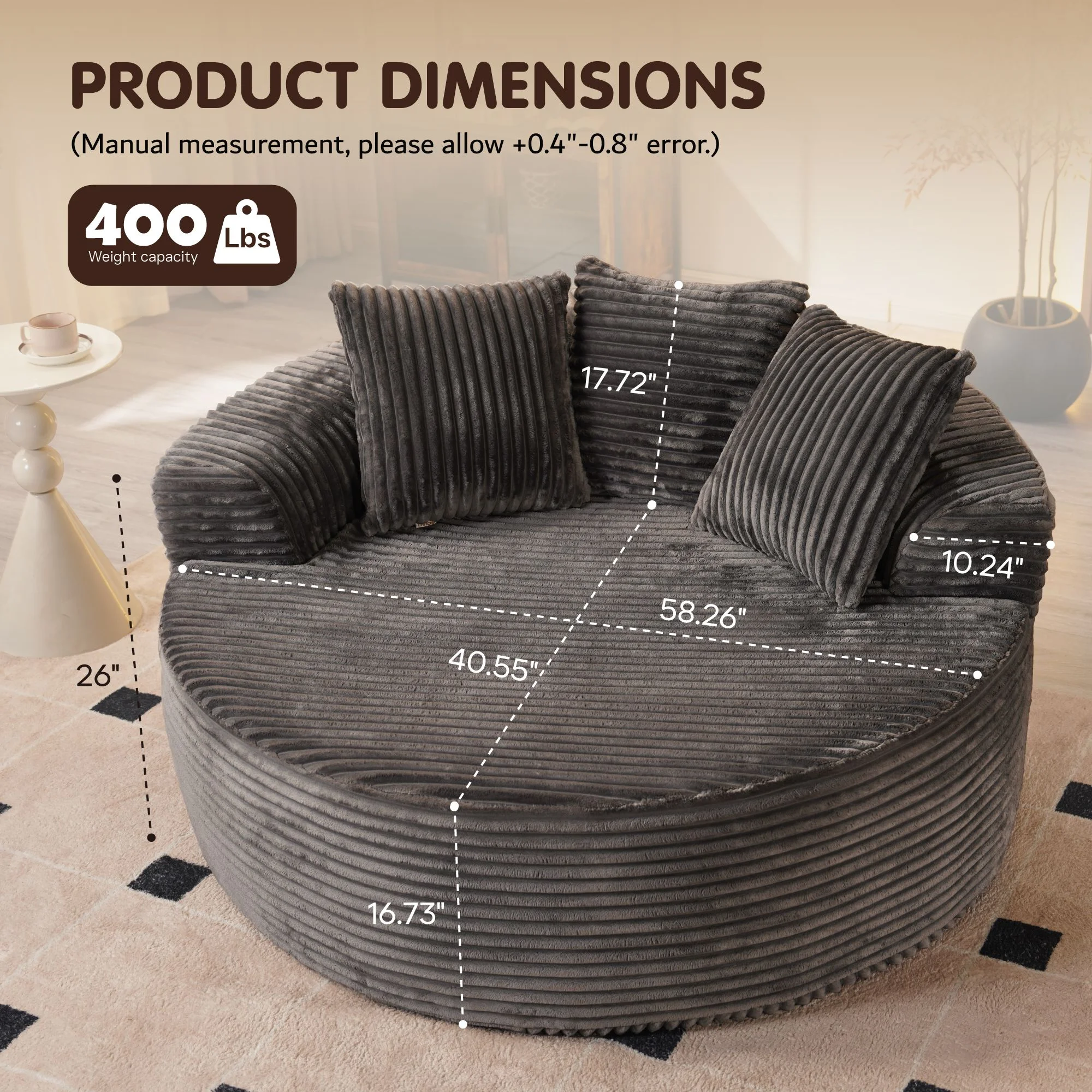 Ovios 58'' Oversized Chaise Lounge Indoor Chair Modern Cloud Floor Sofa Bed Comfy Upholstered Sleeper Couch Deep Seat Accent Reading Chair for Living Room, Bedroom, No Assembly, Black(Plush Corduroy) - Image 18