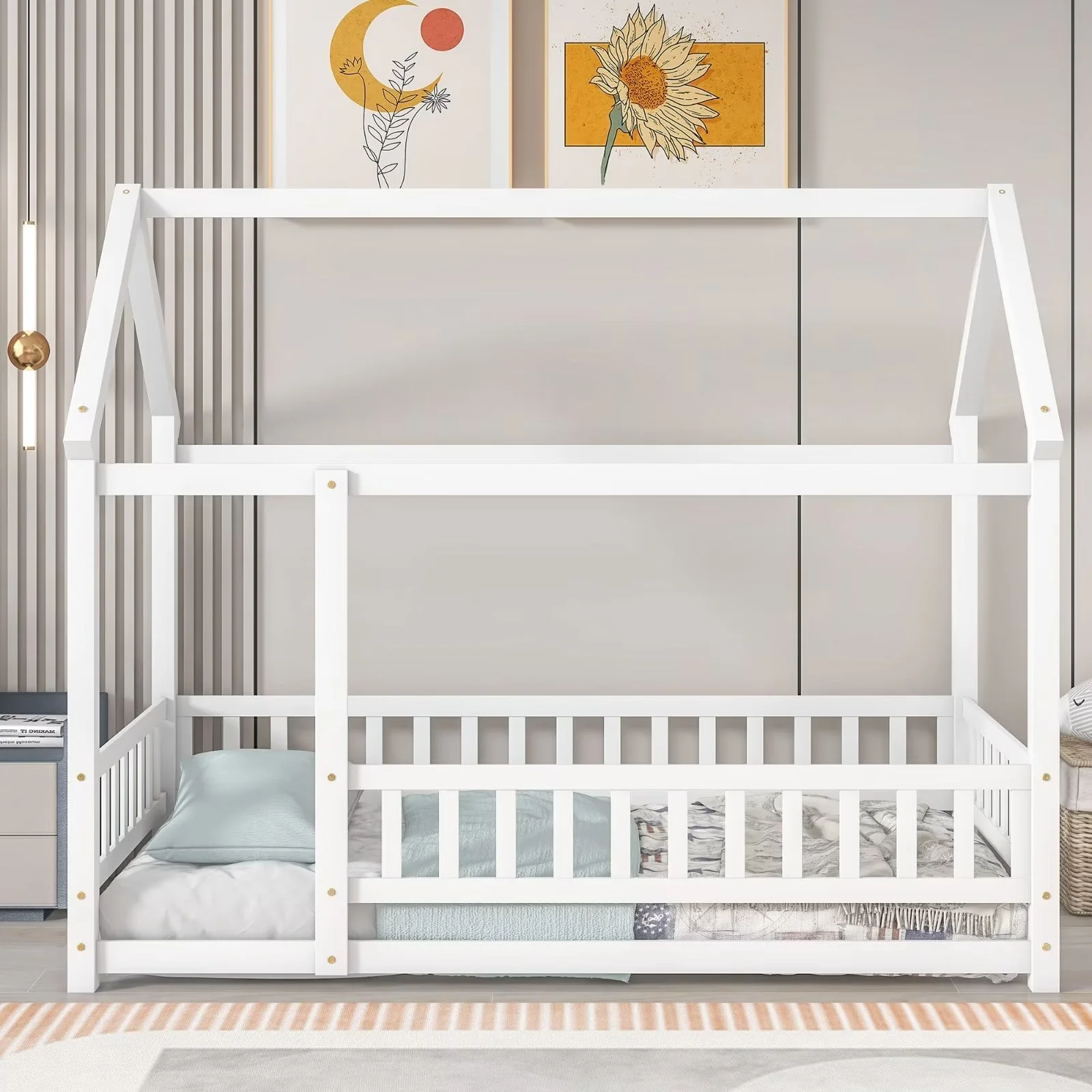 Twin Size House Bed for Boys and Girl, Wooden Canopy Bed Tent Bed, Playhouse Design Bed Frame with Full-lenth Guardrail, Bedroom Furniture, 79.5��L x 44.8��W x 66.2��H, White