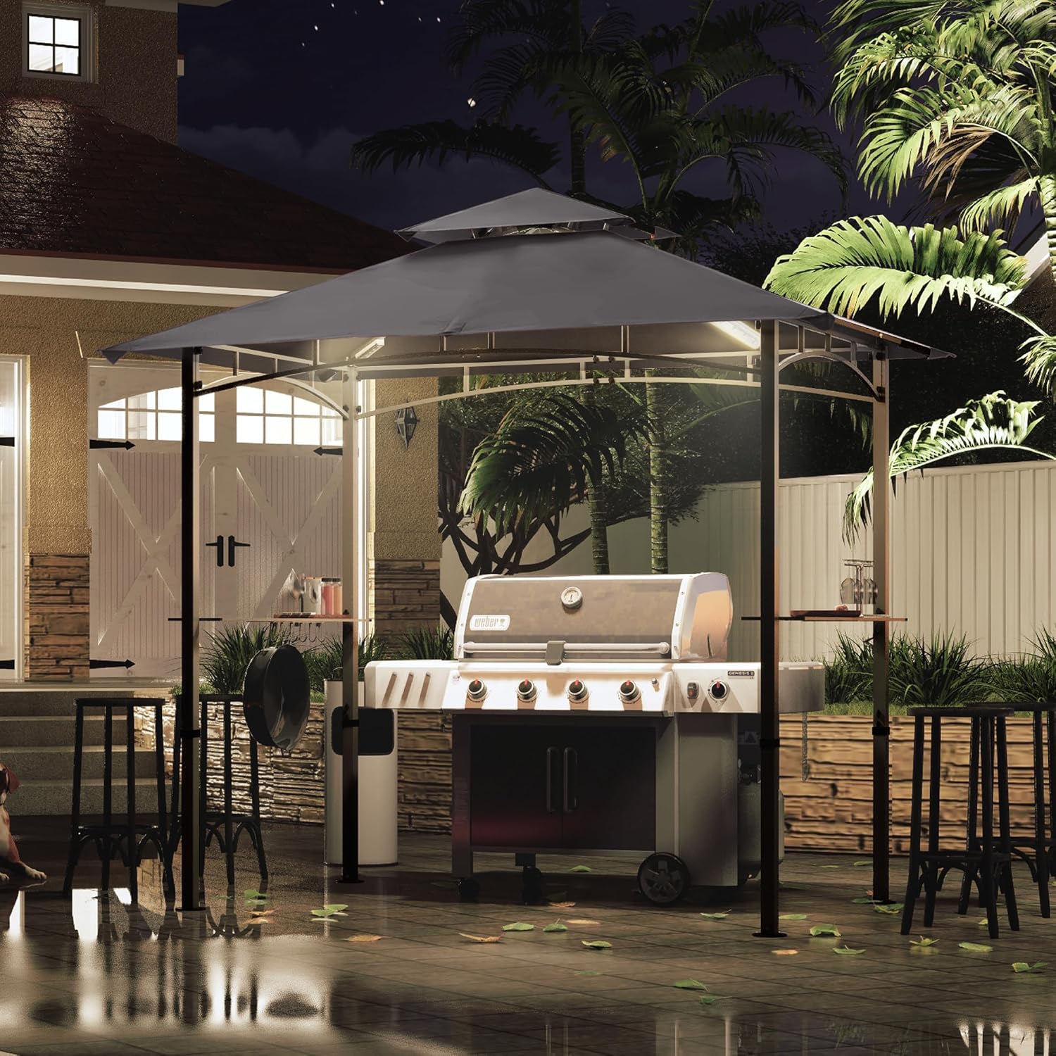 Outdoor Barbecue Shelter Canopy With LED Lights, 8 Feet By 5 Feet, Gray - Image 2 Outdoor Barbecue Shelter Canopy With LED Lights, 8 Feet By 5 Feet, Gray - Image 2