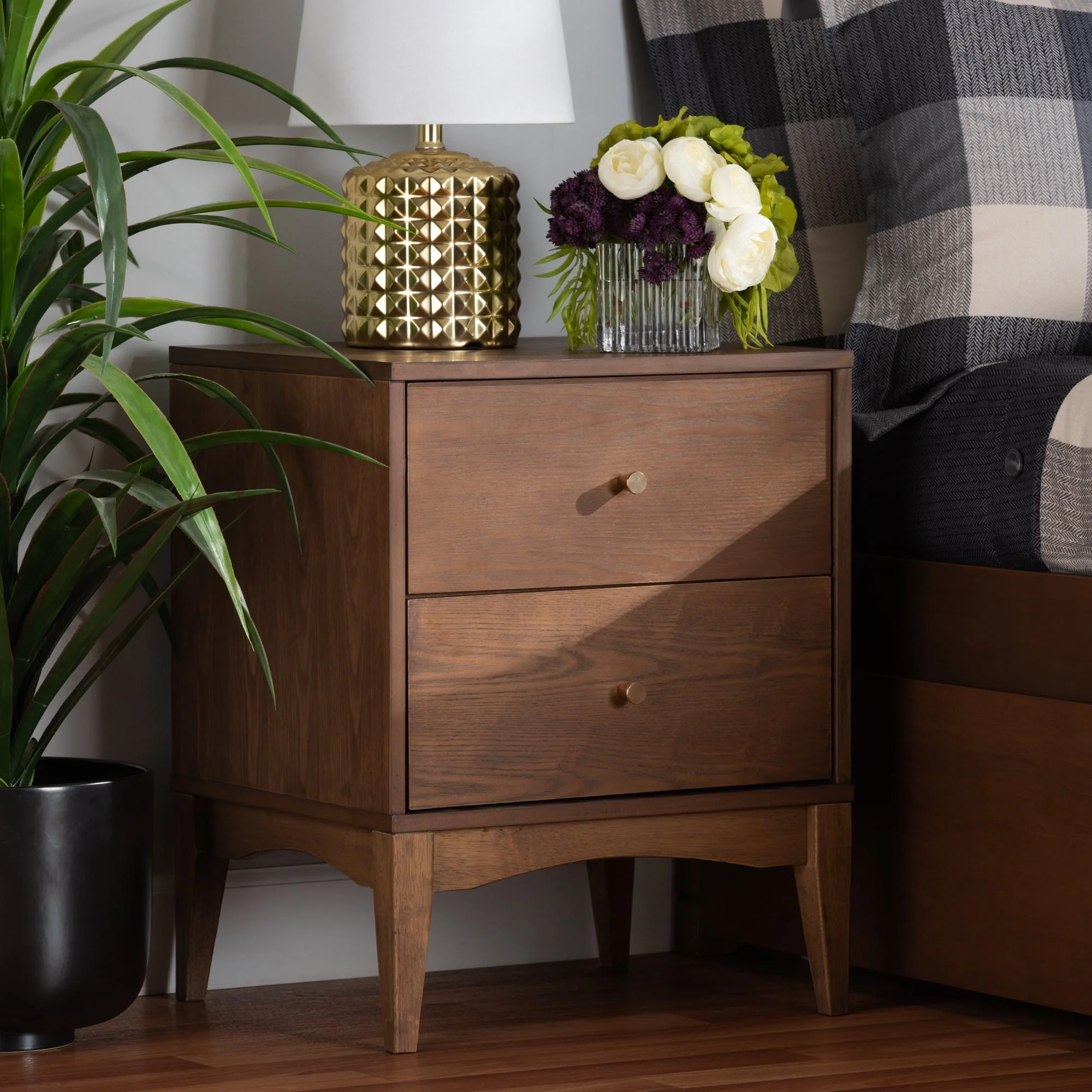 Baxton Studio Landis Mid-Century Modern Ash Walnut Finished Wood 2-Drawer Nightstand