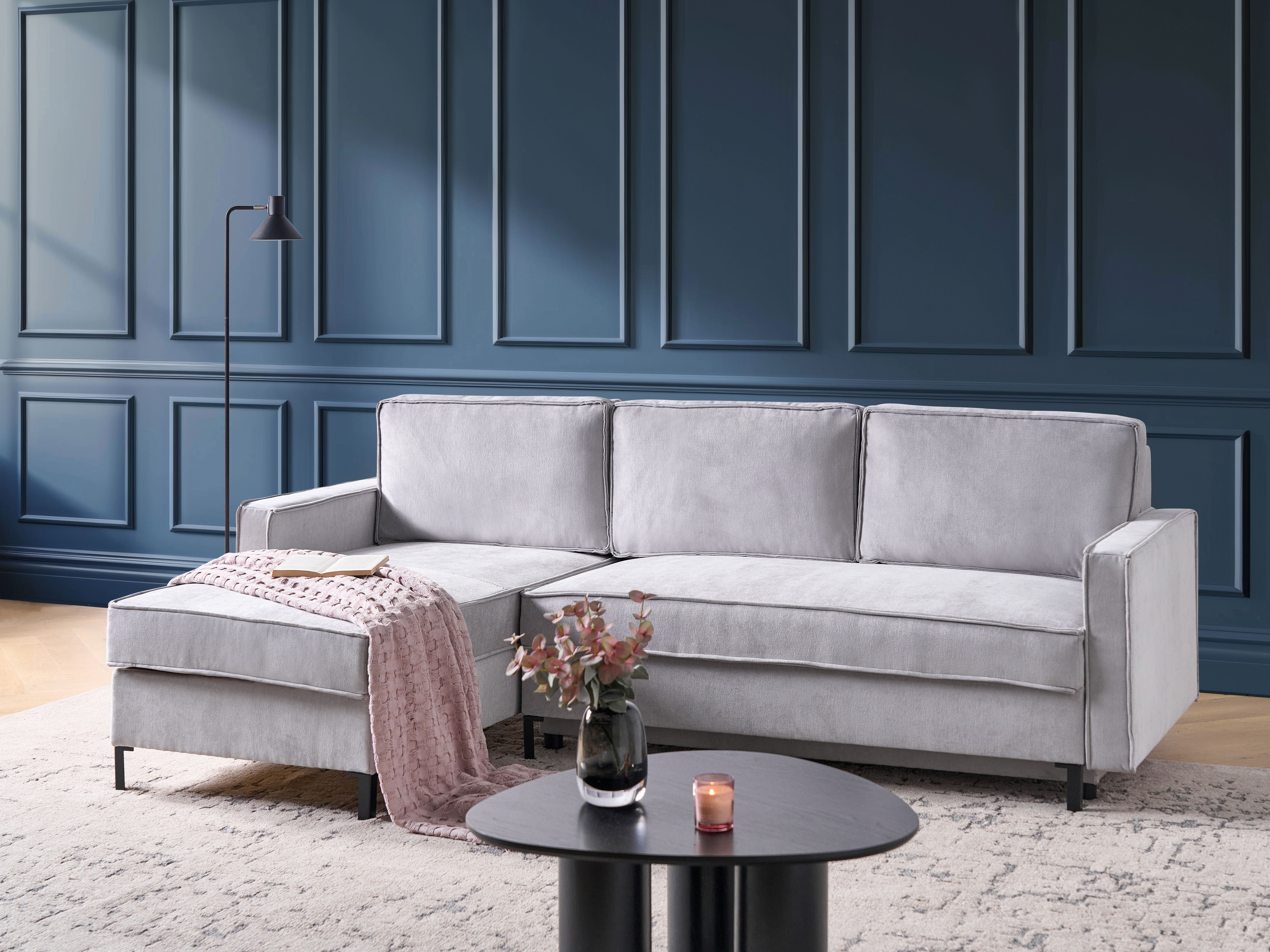 Corner Sofa Bed 3 Seater TEJN Fabric Light Grey with Storage Right Hand
