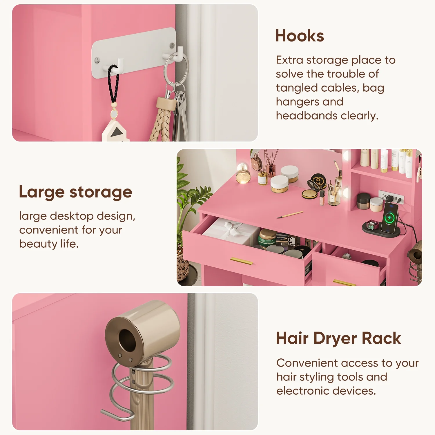Makeup Vanity with Mirror and 3 Color Lights,Vanity Dressing Table with USB Charging Station,4 Drawers,Open Storage Shelves,White - Image 16