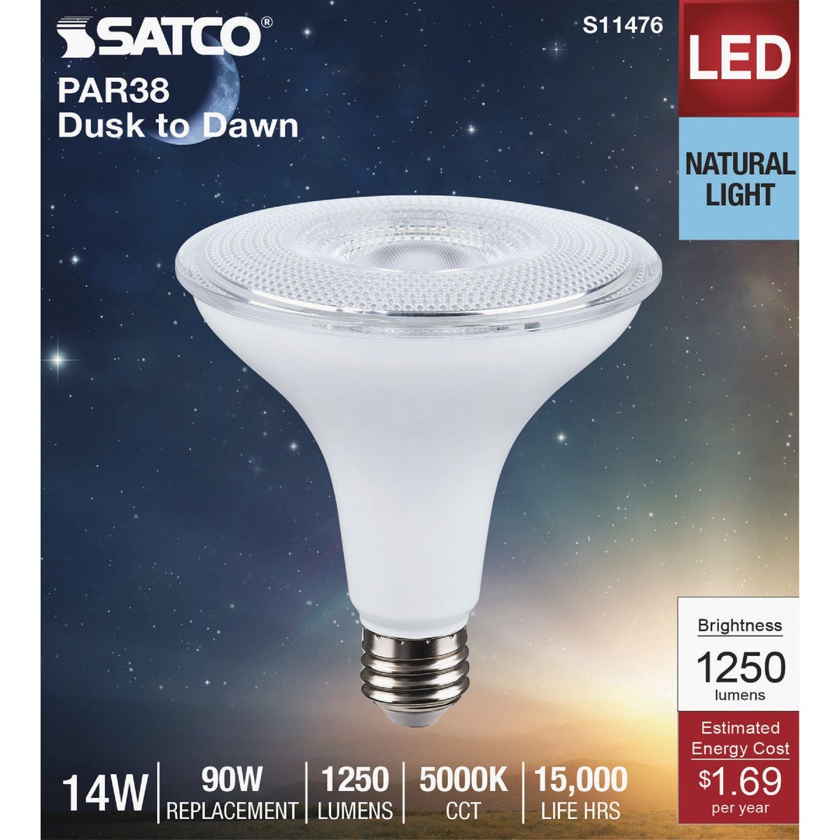 Satco 90W Equivalent PAR38 Medium Base 5000K Dusk to Dawn LED Light Bulb