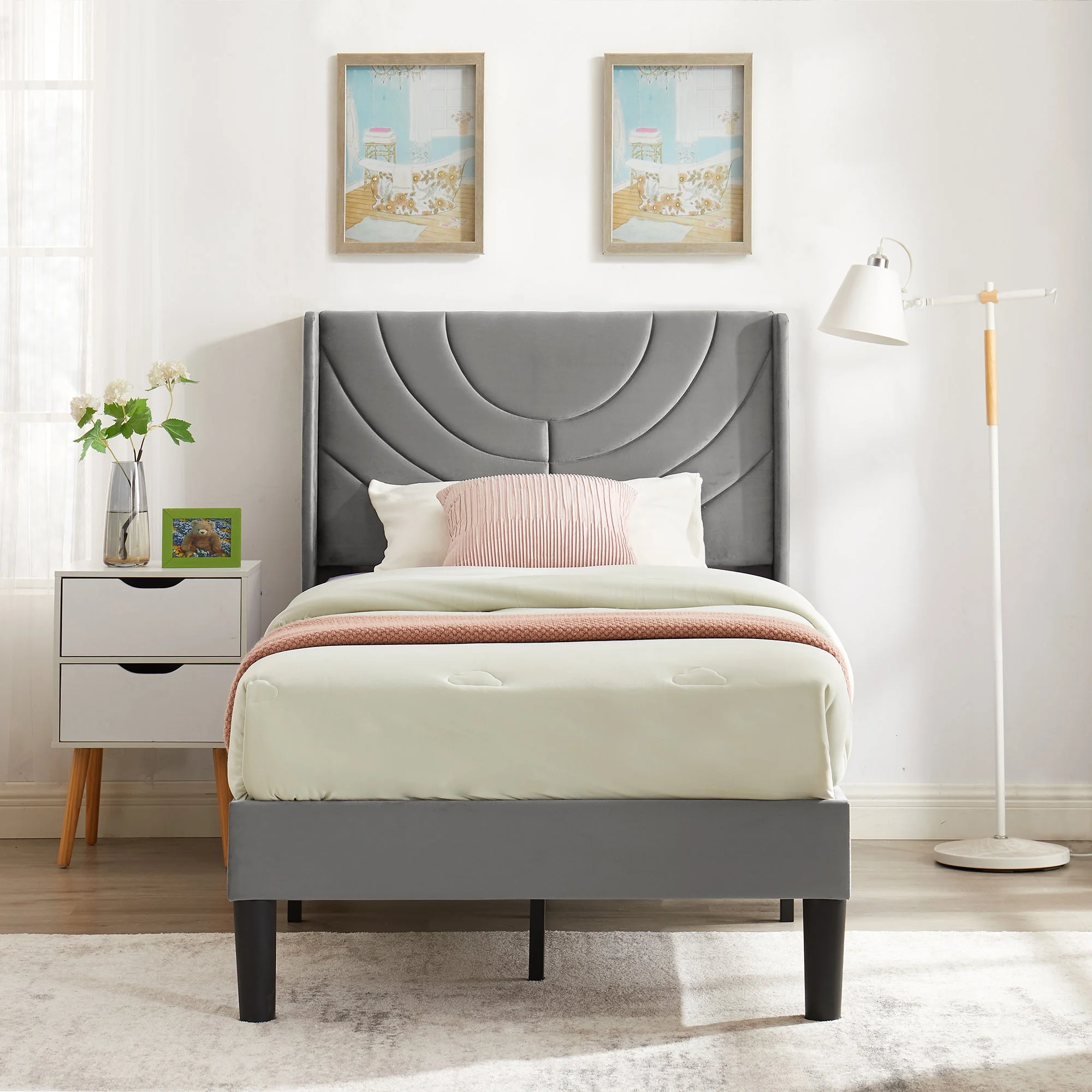 VECELO Set of 2 Twin Bed Frames, Modern Upholstered Platform Bed Frame with Tufted Headboard, No Box Spring Needed, Dark Green - Image 12