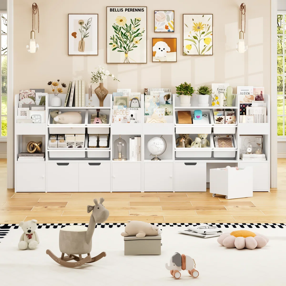 Hiphuta Kids Bookcase Toy Storage Organizer, Wooden Toy Organizer of 4 Bins& 2 Removable Drawers for Home Bedroom, Kids Bookshelf Toy Box with Book Rack, White - Image 9