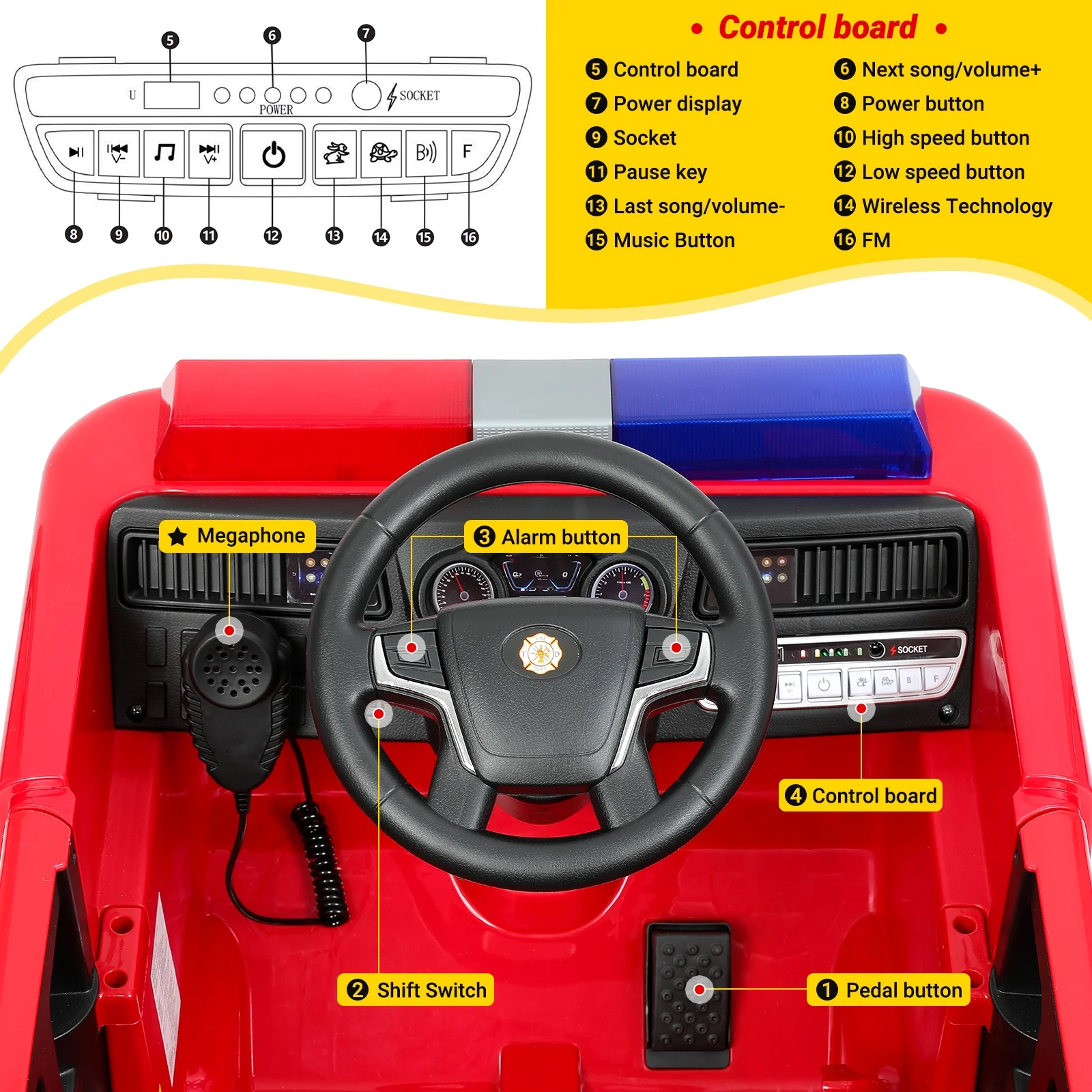 Bobiber Ride on Fire Truck, 12V Battery Powered Ride-On Toy Vehicle with Remote Control, Megaphone, Flashing Lights, Siren and Fire Extinguisher - For Boys and Girls Ages 3-6 - Image 5