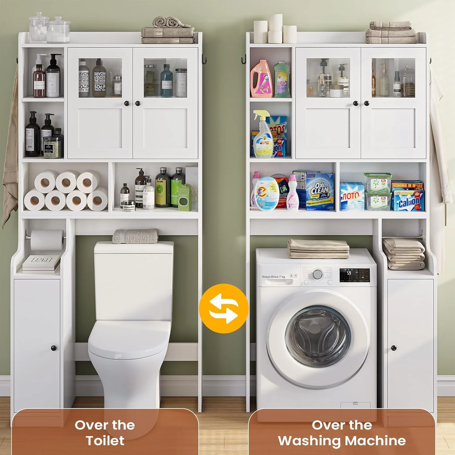 Over The Toilet Storage Cabinet with 3 Doors, Farmhouse Space Saver for Bathroom Organizer with Paper Holder, 10 Shelves and Hooks, 7-Tier Over Washing Machine Cabinet for Laundry, Bathroom, Natural - Image 16