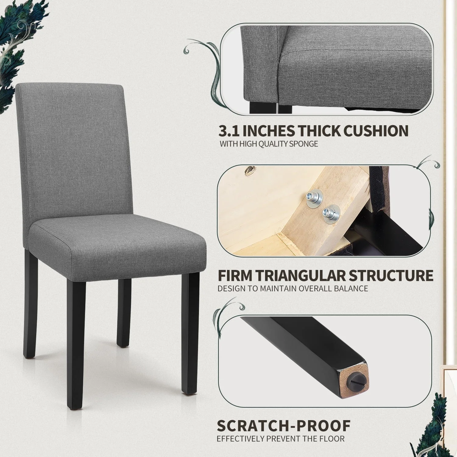 Furmax, Set of 4 Upholstered Dining Chairs with Wooden Legs, Fabric, Gray - Image 9