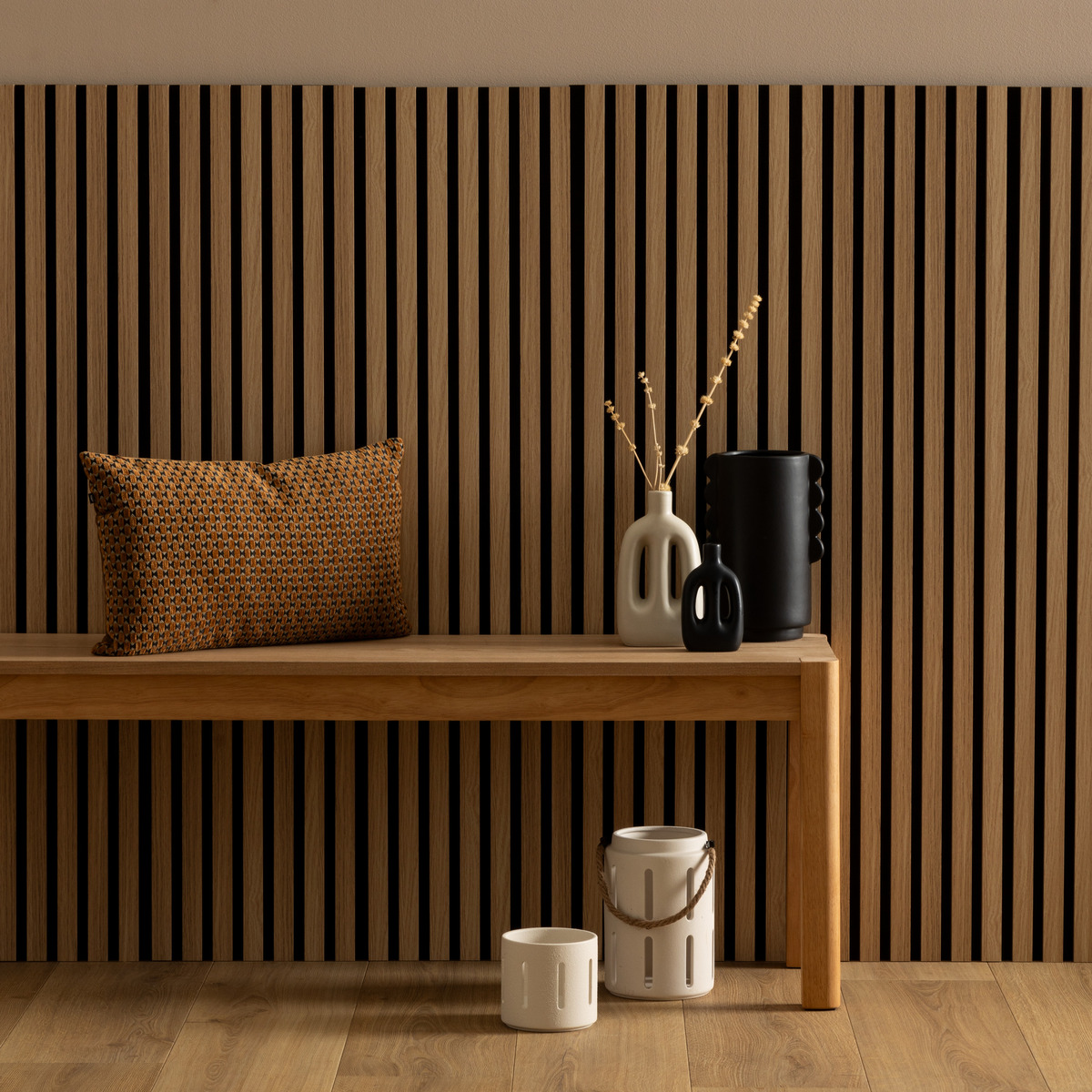 Decorative wall panel "Colva" Light oak effect, black background, 120x60 cm