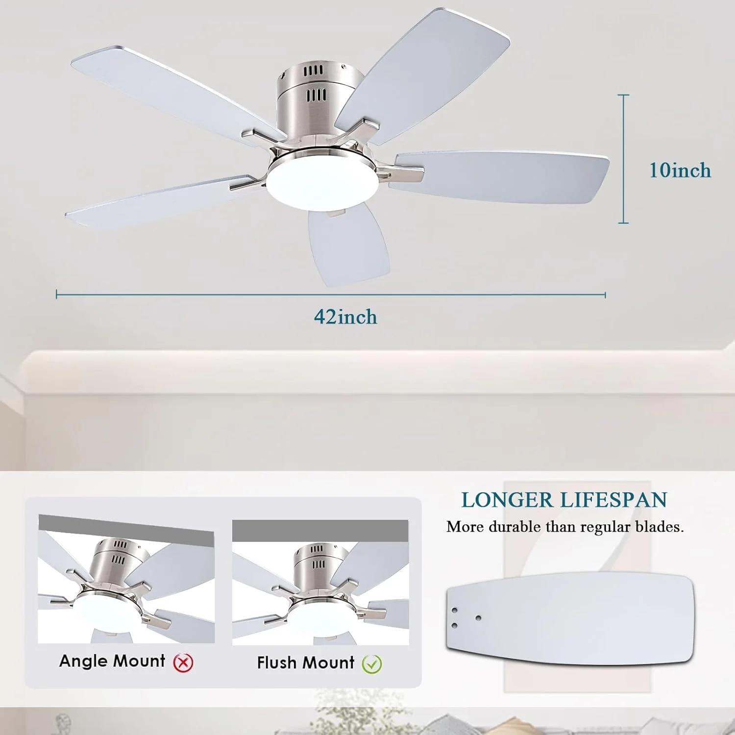 42 Inch Low Profile Ceiling Fans with Lights and Remote, Flush Mount Modern Ceiling Fan, 3 CC T DC Ceiling Fan for Bedroom, Living Room, Brushed Nickel