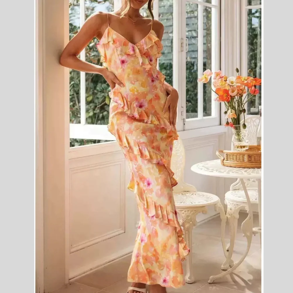 Floral Print Ruffle Trim Spaghetti Strap Maxi Dress - ZKZOOK