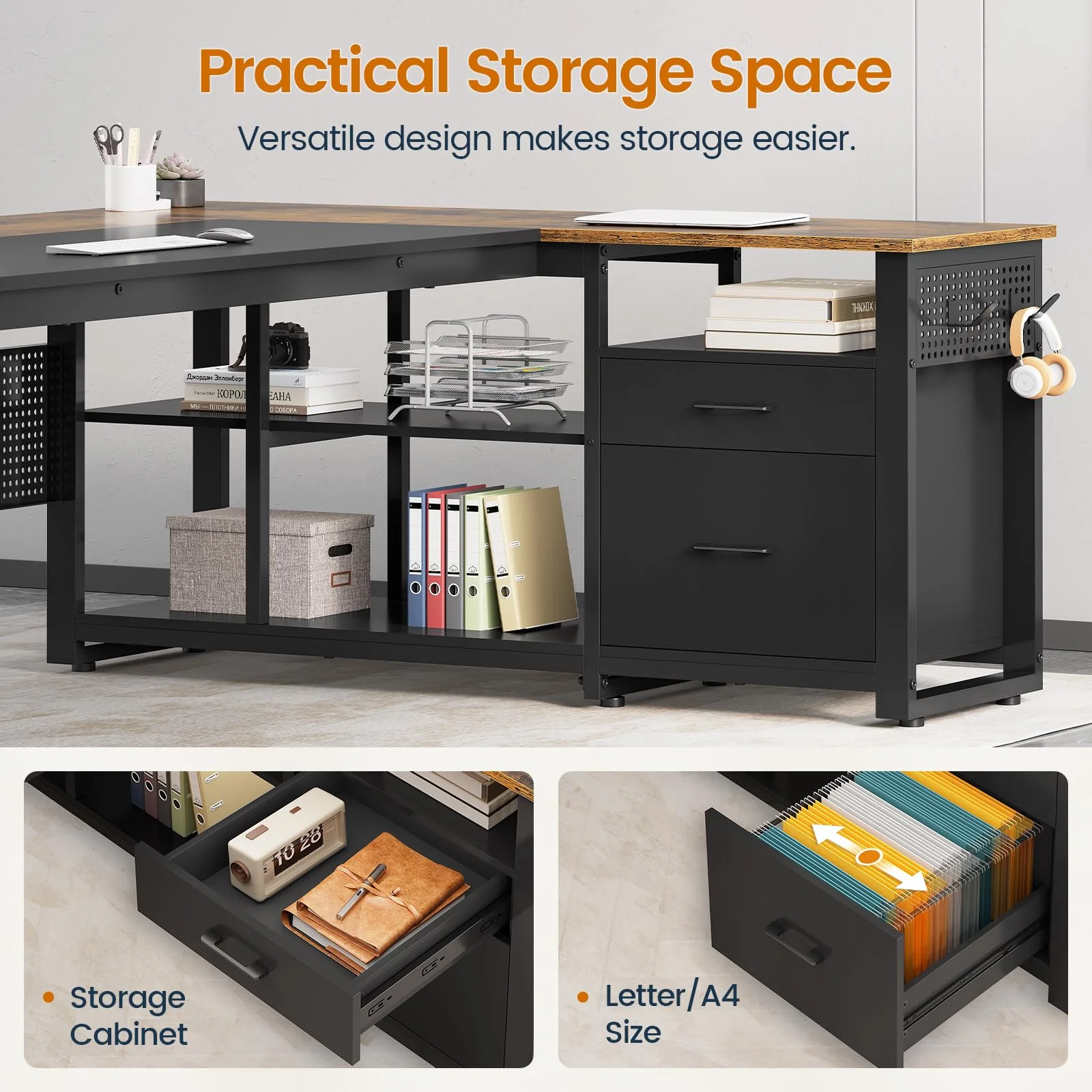 71" Executive Desk with Power Outlets, Modern L Shaped Office Desk with File Drawers and Pegboard, Large Computer Desk, Rustic Brown - Image 9