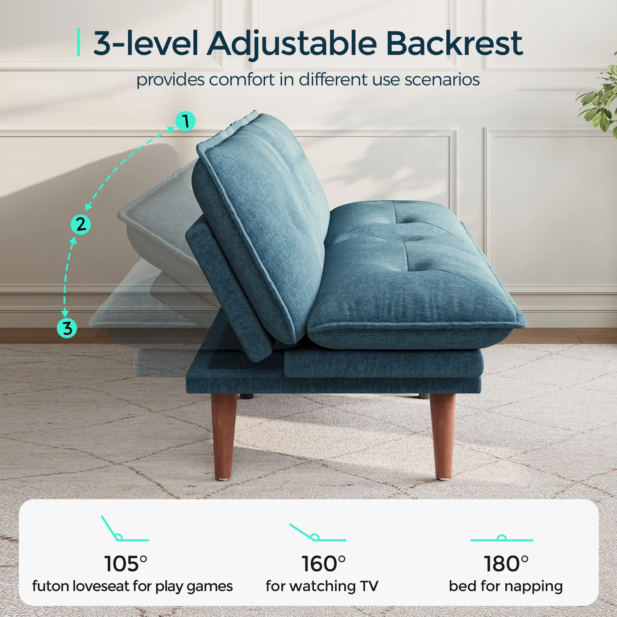 Linsy Home 70" W Chenille Convertible Futon Sofa Bed with Adjustable Armrests, Green - Image 25