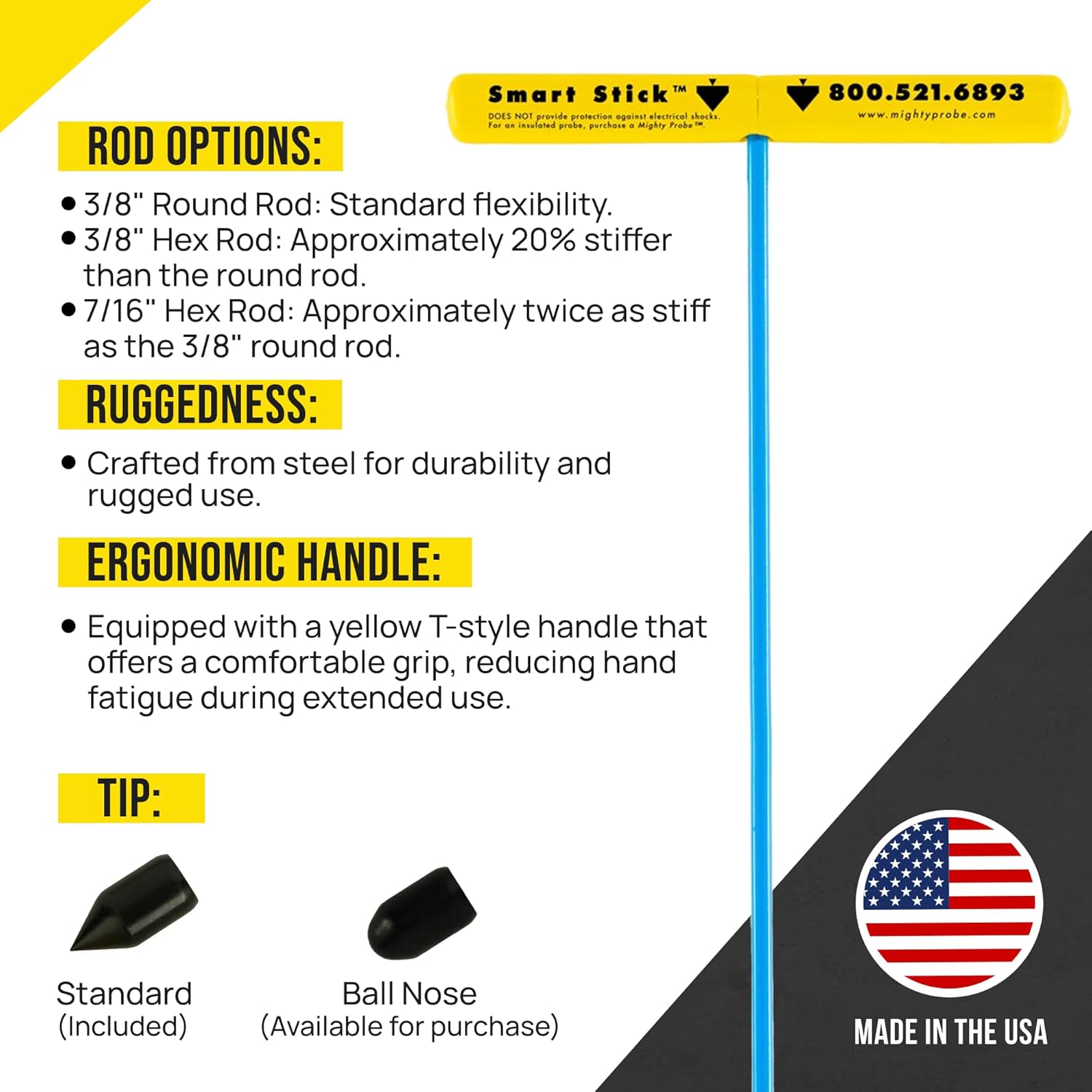 T&T Tools Smart Stick Metal Soil Probe - T-Handle Probing Rod, Steel Rods, 48-Inch Long Metal Rod w/ 3/8