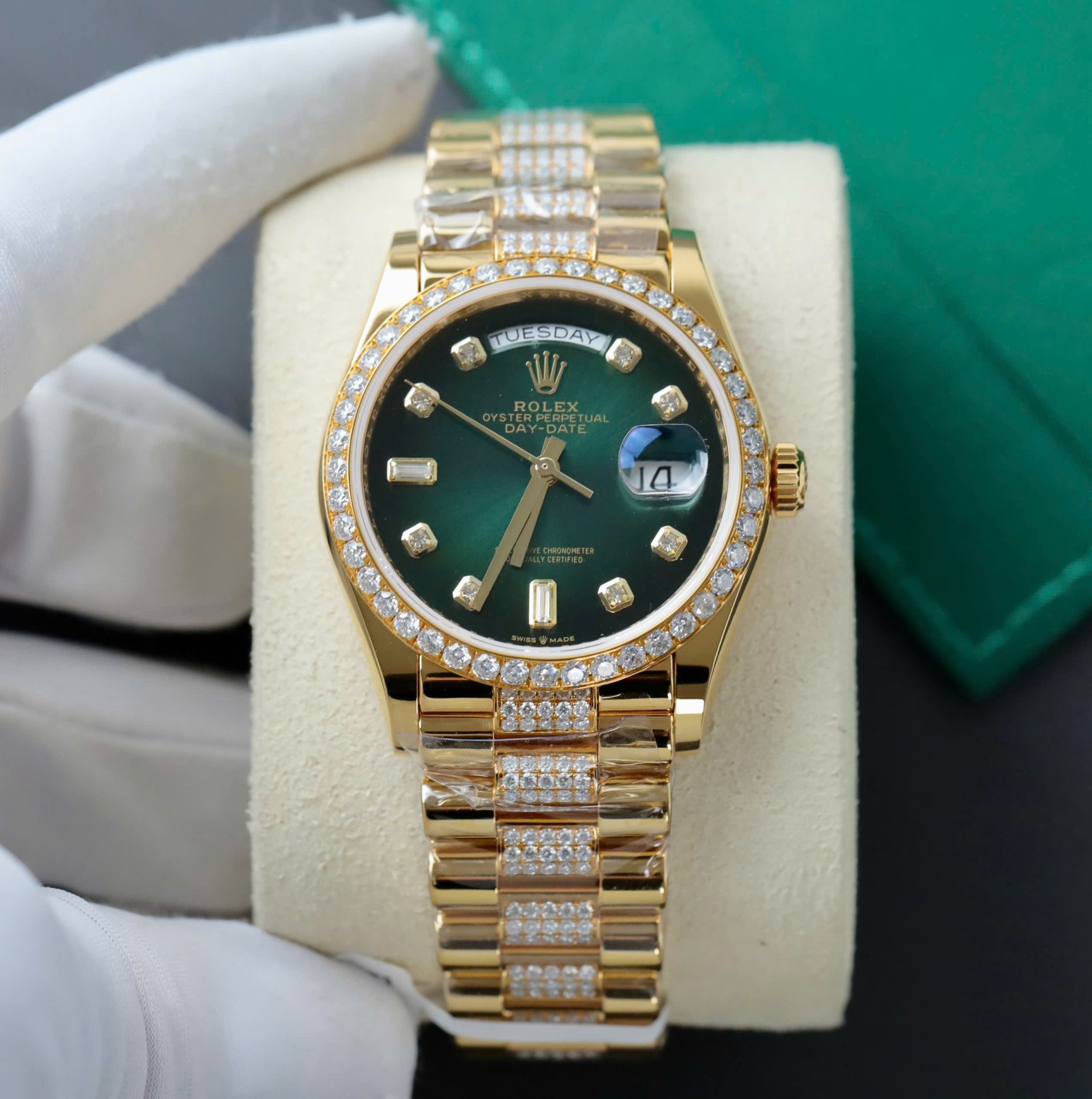 Rolex Day-Date Dial Green Ombre Copies Watch Gold Wrapped + Diamonds Moissanite Custom 36mm - Elite Watch Atelier