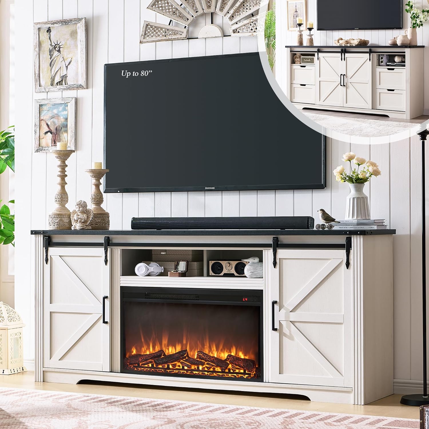 JXQTLINGMU Farmhouse Fireplace TV Stand for 80 Inch TV, 32