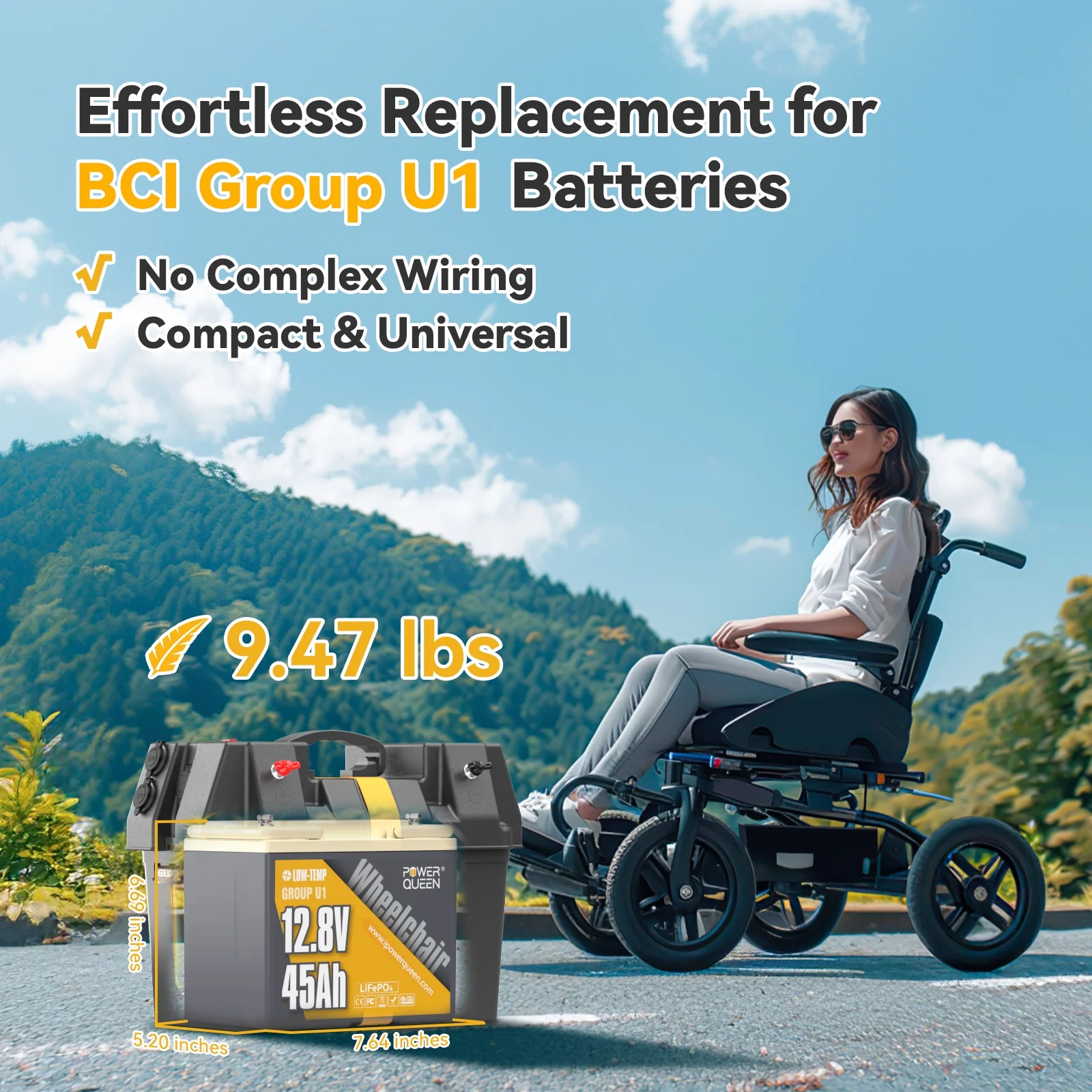 Power Queen 12V 45Ah Group U1 Low Temp LiFePO4 Lithium Battery 576Wh for Wheel Chair,Mobility Scooter,RV,Camping,Fish Finder,Trolling Motor