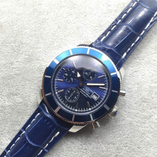 Replica Breitling Super Ocean Heritage Chrono SS Blue Dial SS Leather Strap A7750 - Elite Watch Atelier