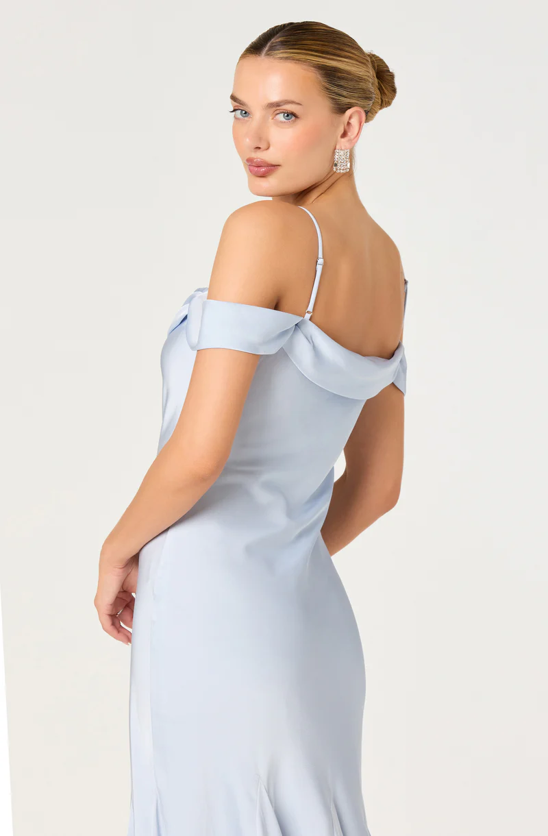 Araxie Satin Off-Shoulder Godet Midi Dress - blue
