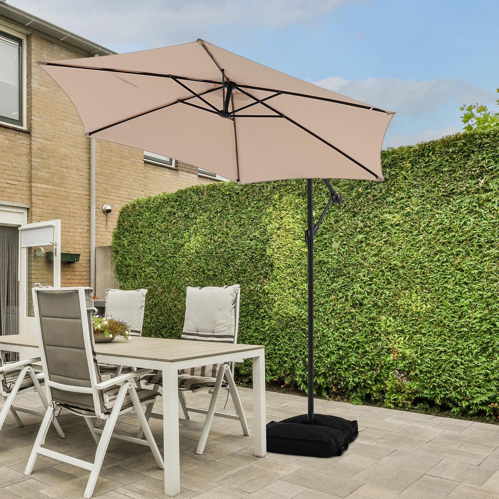 Ainfox 10ft Cantilever Patio Umbrella with Lights, Offset Market Umbrella with Sandbags Weighted Base and Cross Base,Khaki - Image 24
