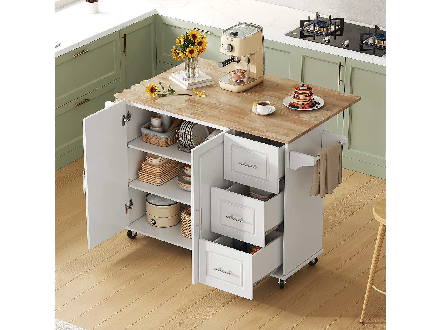Îlot central de cuisine mobile - 137 x 43(76) x 92 cm - plateau pliable - avec 3 tiroirs + 2 portes - MDF - blanc