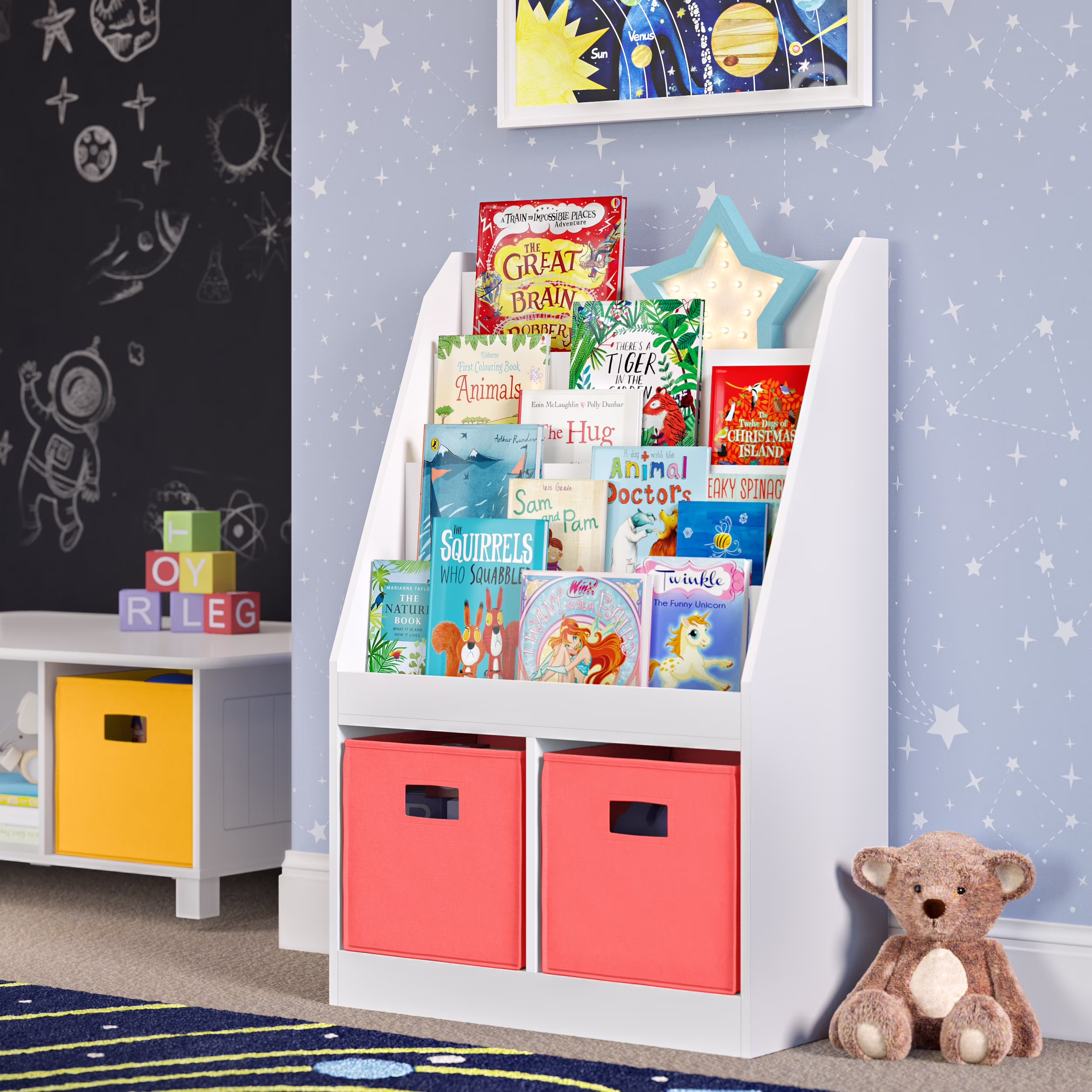 RiverRidge Kid Bookshelf Toy Storage Organizer with 4 Bookracks 2 Cubbies and 2 Gray Bins - Image 5