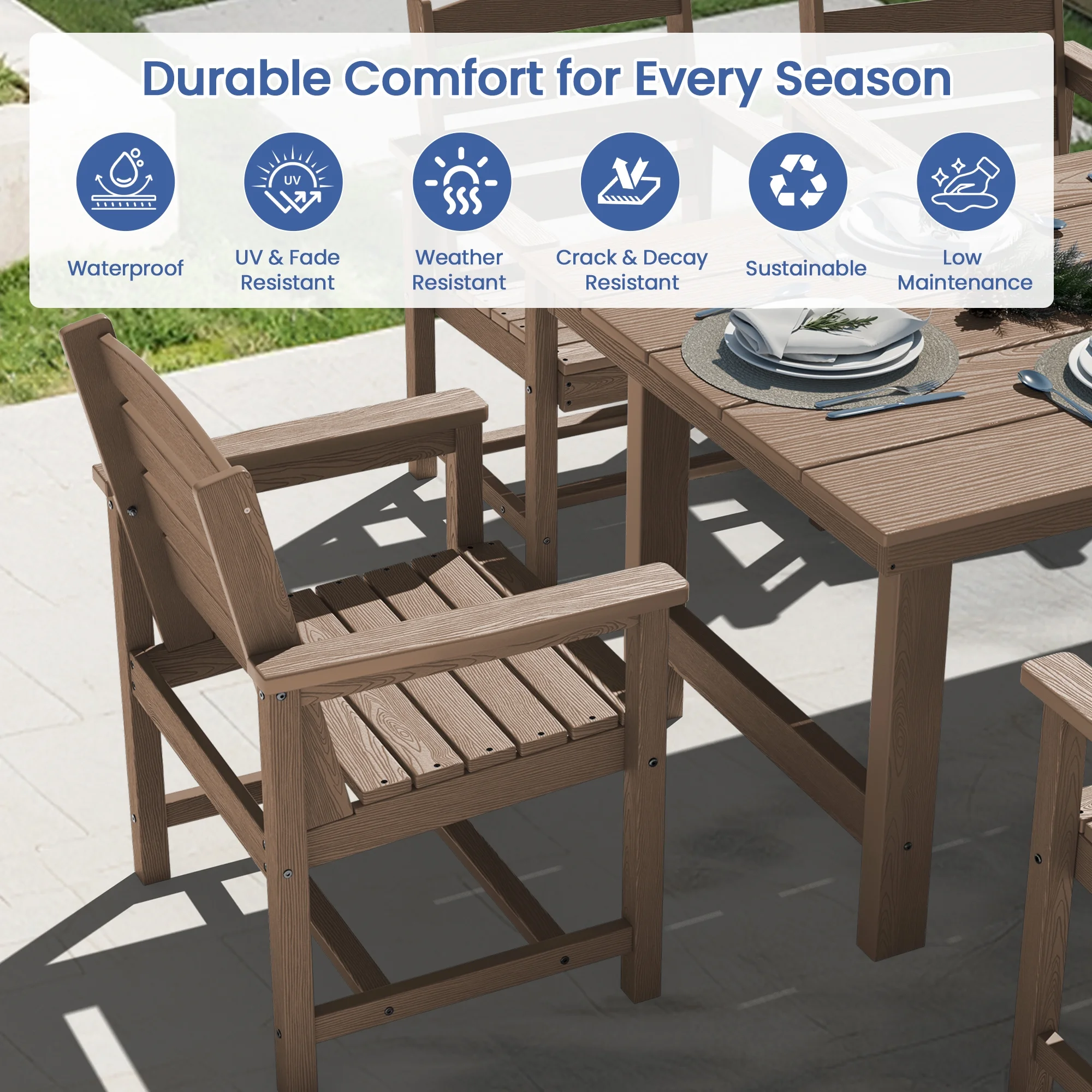 KINGYES 7-Piece Outdoor Dining Set, HDPE Patio Table and Chairs with Umbrella Hole, Gray - Image 28