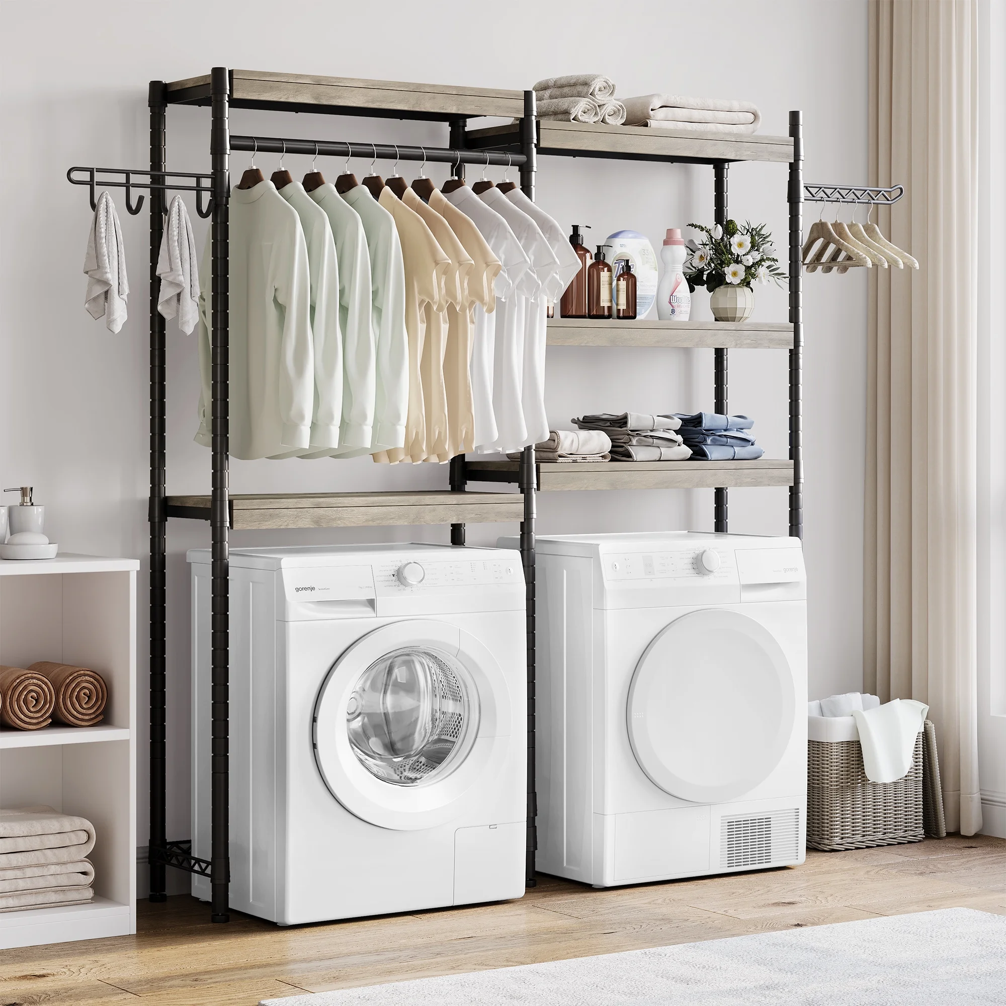 5 Tier Wood Over The Washer and Dryer Storage Shelf, Adjustable Height Laundry Drying Clothes Racks Bathroom Shelf