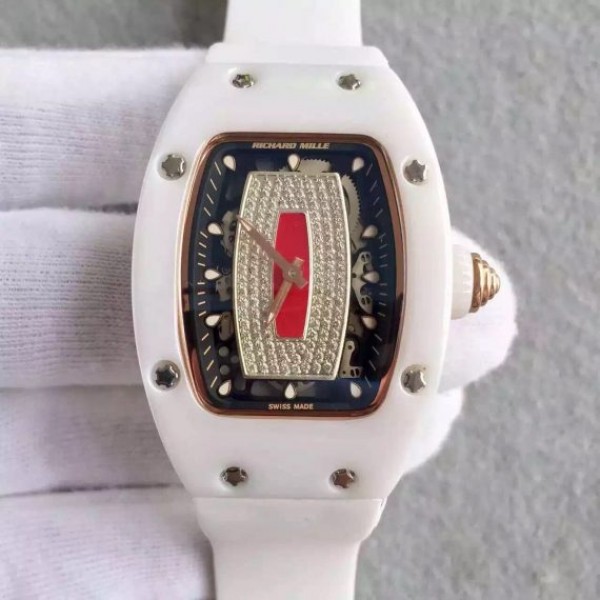 Replica Richard Mille RM 007-01 Lady SS Diamonds Red Dial RG White Rubber Strap 6T51 - Top club
