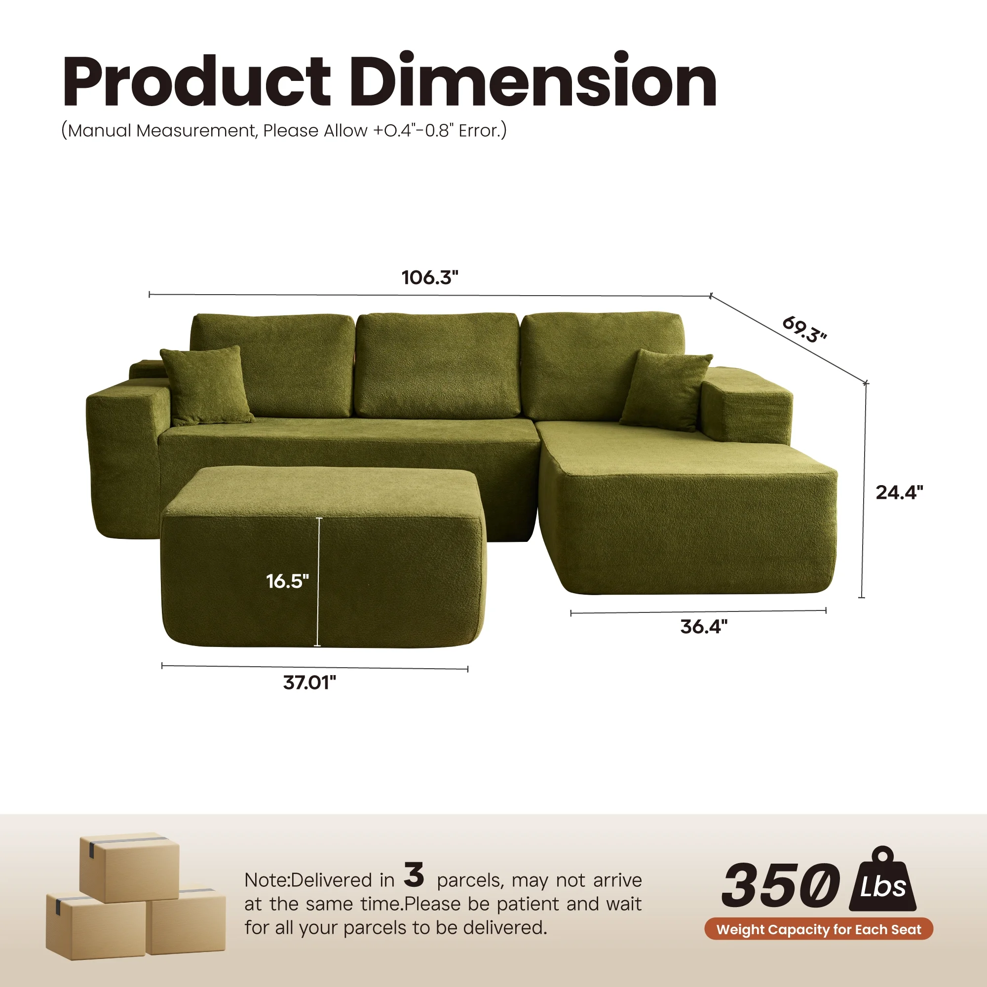 Ovios 106" L-Shaped Sectional Sofa Modern Modular Cloud Couch with Deep Seating Upholstered Sofa for Living Room Bedroom, No Assembly Required, Black(Corduroy) - Image 80
