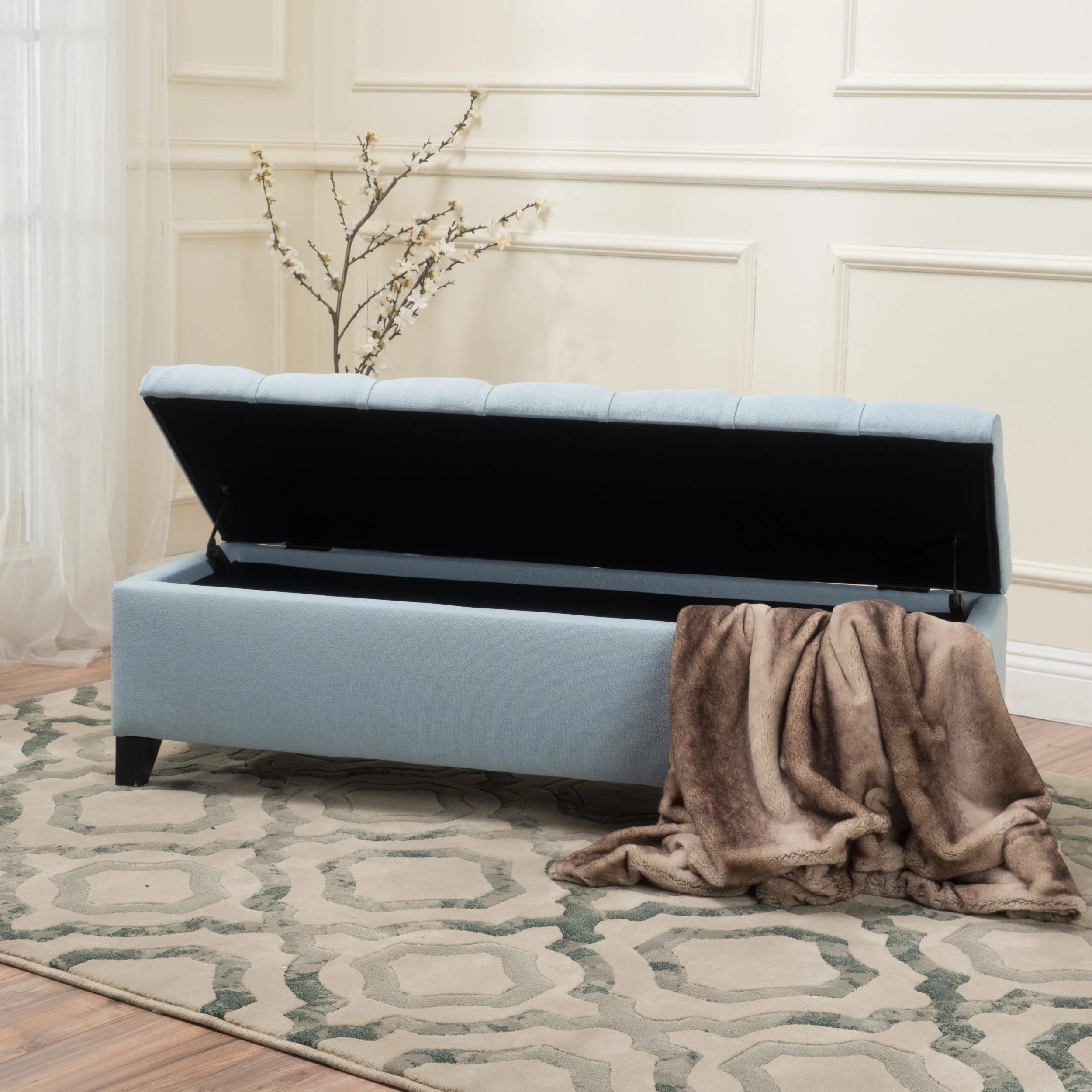 Noble House Hampton Contemporary Fabric Upholstered Storage Ottoman, White and Blue Floral - Image 52