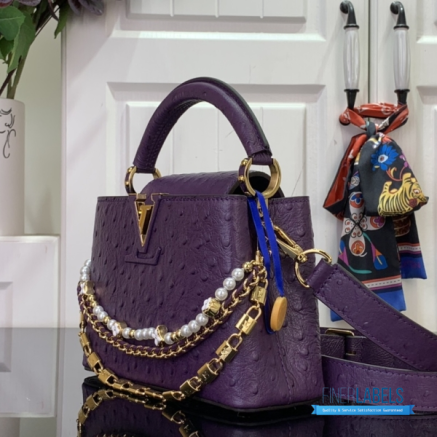 Purple Ostrich Leather Mini Handbag with Pearl Chain Detail1:1High-quality replica