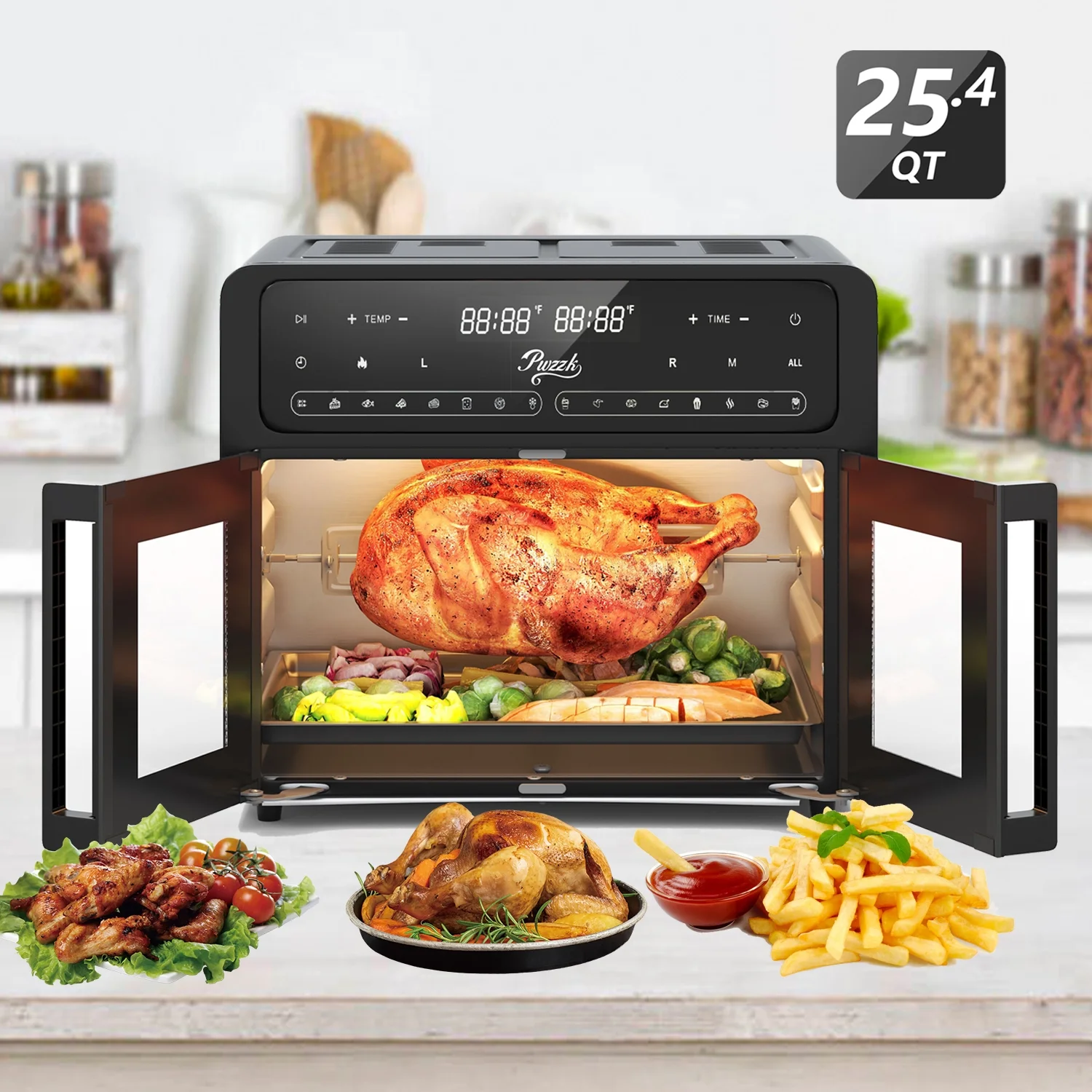 PwZzk 25.4QT Dual Zone Air Fryer Toaster Oven Combo, French Glass Door, XL Capacity, 100-430��F Temperature Range, 16 Preset Functions, LED Display, Dual Fan, 360�� Heat Circulation, Rotisserie, Bake,
