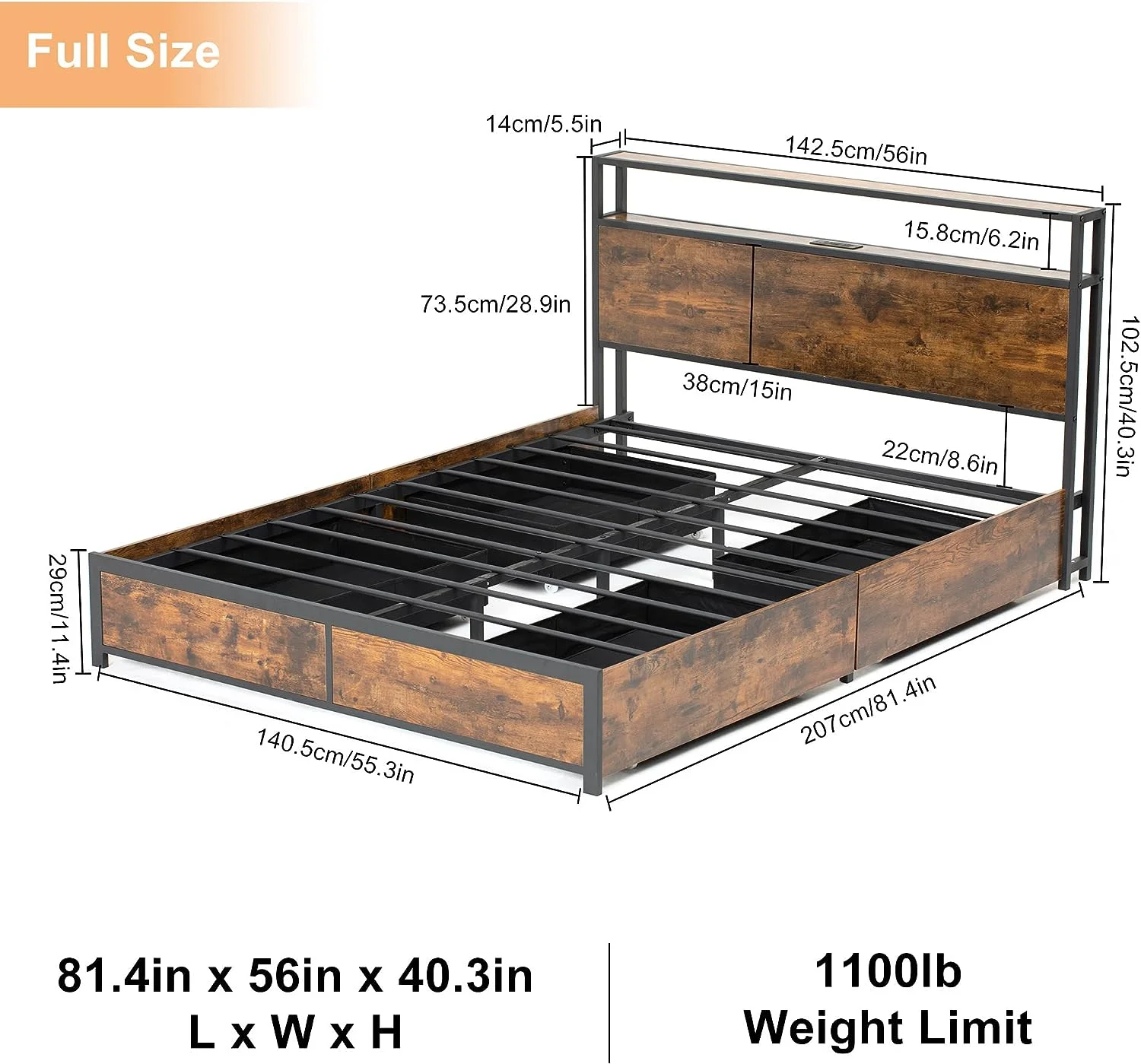 LED Full Bed Frame with Storage Headboard & 4 Drawers, Industrial Metal Platform Bed with Power Charging Station & USB Ports - Image 6