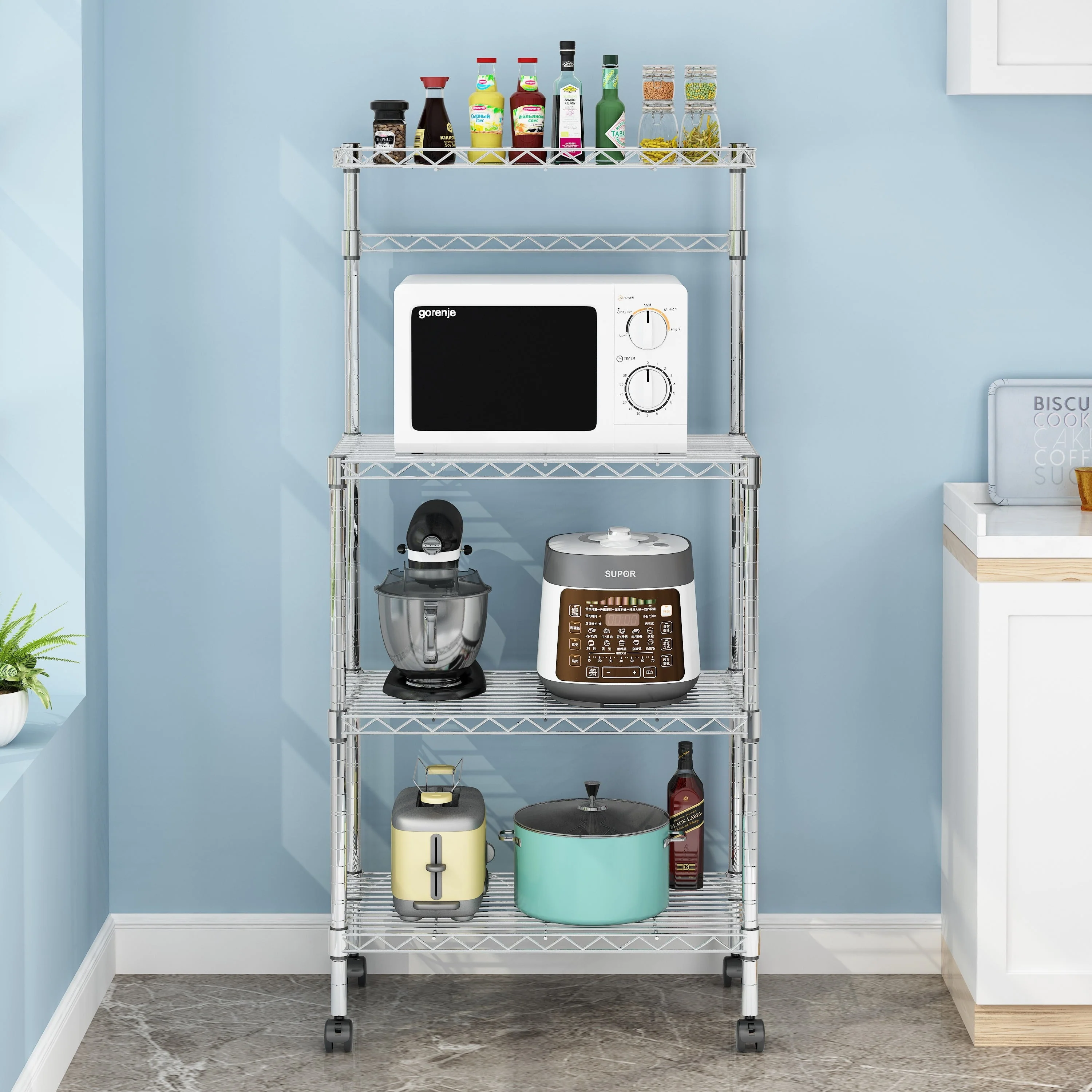 Zimtown 4 Tiers Kitchen Cart Island on Wheels Rolling Microwave Oven Stand Baker's Rack with Storage Shelves, Silver Finish