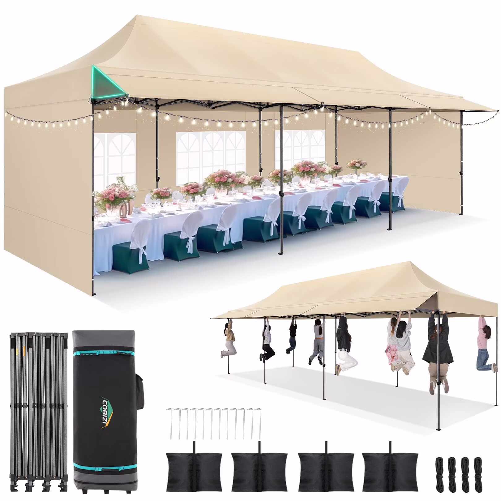 COBIZI 10x20 Pop Up Canopy Heavy Duty Party Tent with Removable Awning and Sidewalls,Easy Up Outdoor Wedding Canopy,Gazebo All Season Windproof&Waterproof with Roller Bag UPF 50+,Black - Image 5