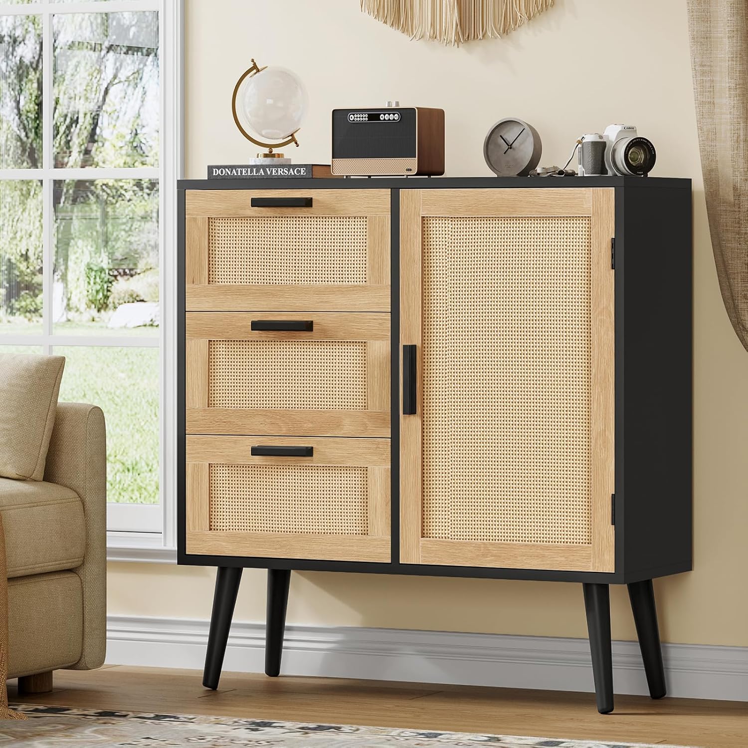 Iwell Storage Cabinet with Rattan Door & 3 Drawers, Rattan Cabinet with Adjustable Shelf, Sideboard Buffet Cabinets with Storage, Entryway Cabinets, for Living Room, Dining Room, Entryway, Black
