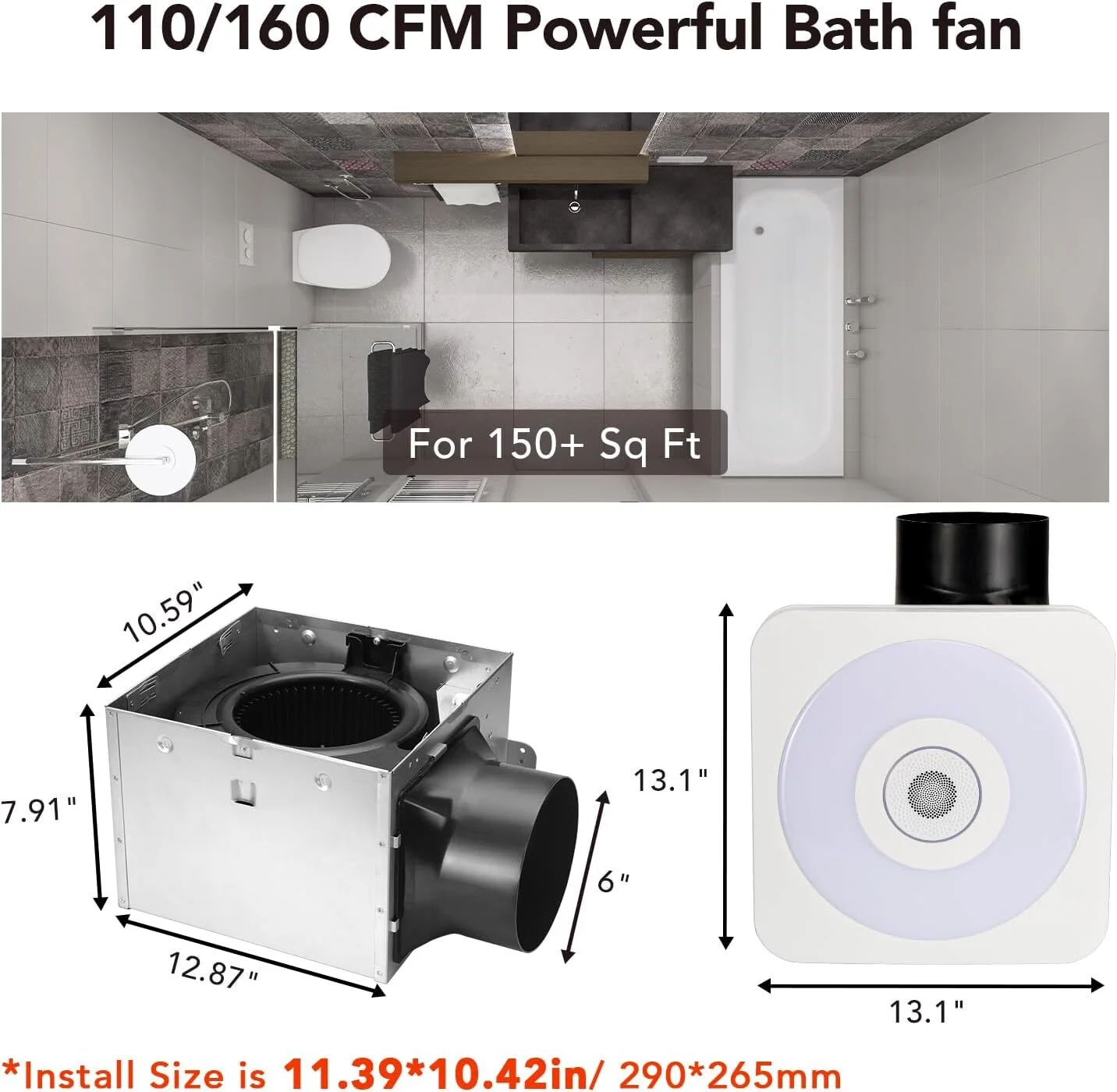 OREiN Bathroom Fan with Bluetooth Speaker, 110/160 CFM 1.0 Sones Bathroom Exhaust Fan with Light, 40W Shower Vent Fan with Light & Remote, 1500lm LED Light 2700K/4000K/6500K & Nightlight, Music Sync - Image 2