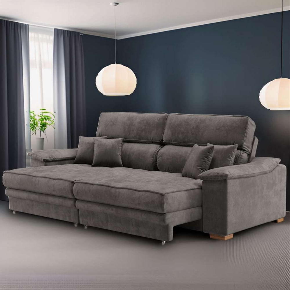 Sofá 3 Lugares Retrátil e Reclinável Pascal Veludo Grafite em Promoção | Ofertas na Americanas