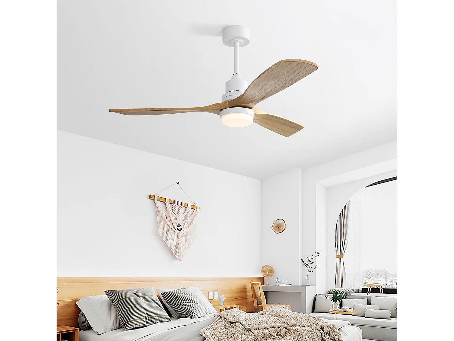 Ventilateur de plafond blanc – Ventilateur de plafond avec lumière LED et télécommande à 6 vitesses – 3 pales en bois – pour salon