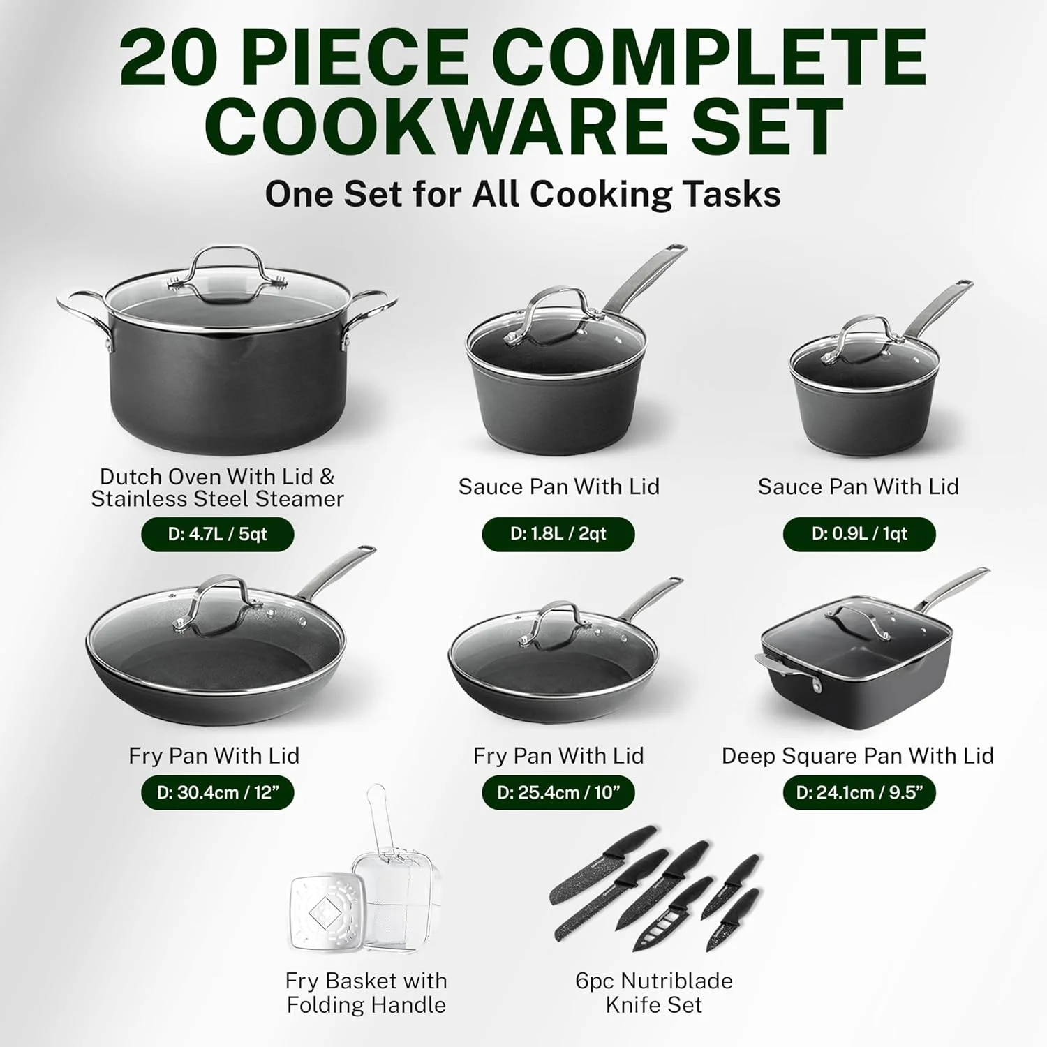 Granitestone Armor Max 20 Pc Hard Anodized Pots and Pans Set Non Stick, Induction Cookware Sets, Anodized Cookware Sets, Nonstick Cookware Set with Knife Set and Deep Fryer, Oven & Dishwasher Safe