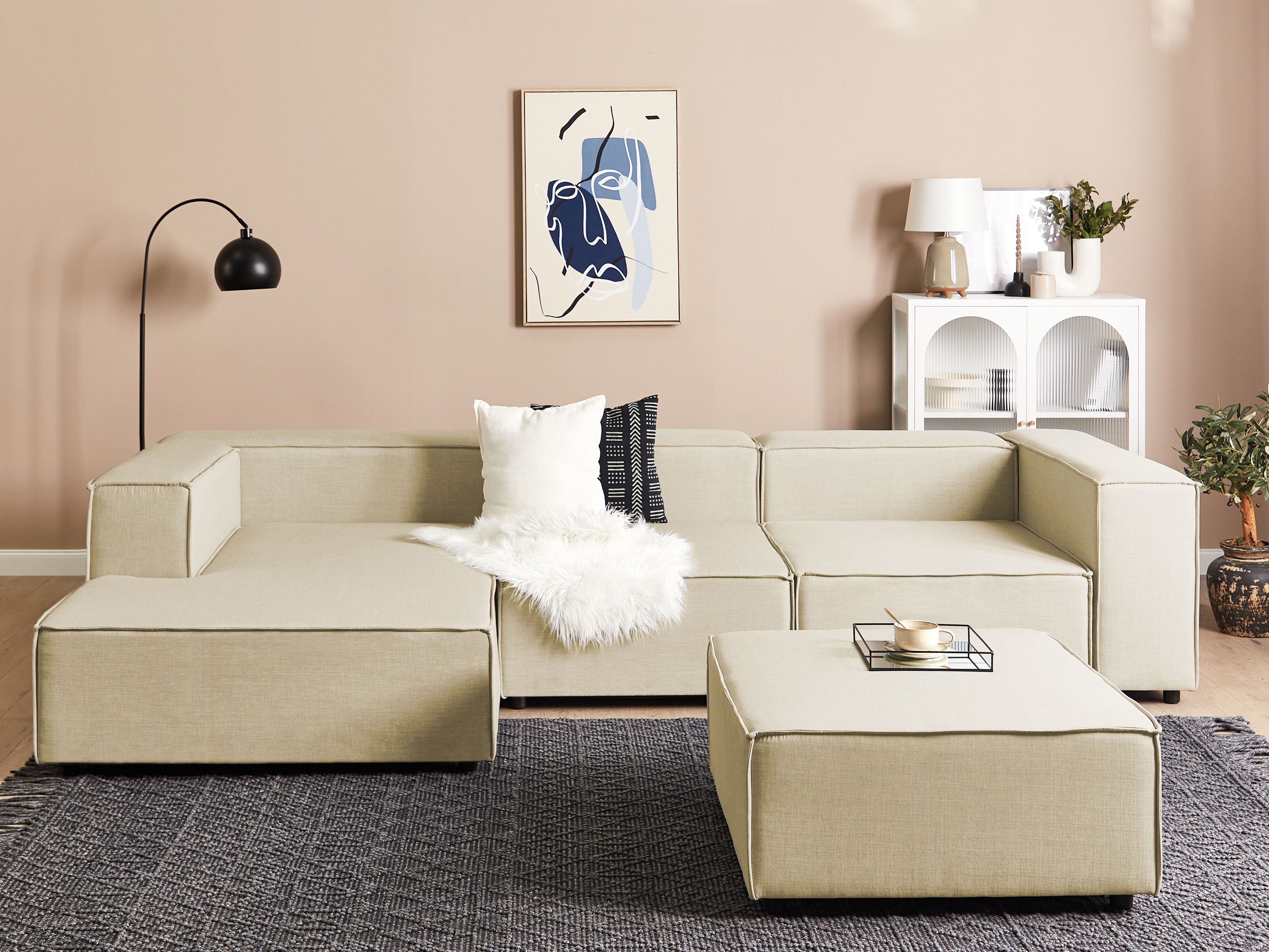 Modular Corner Sofa 3 Seater APRICA Faux Linen Beige with Ottoman Right Hand
