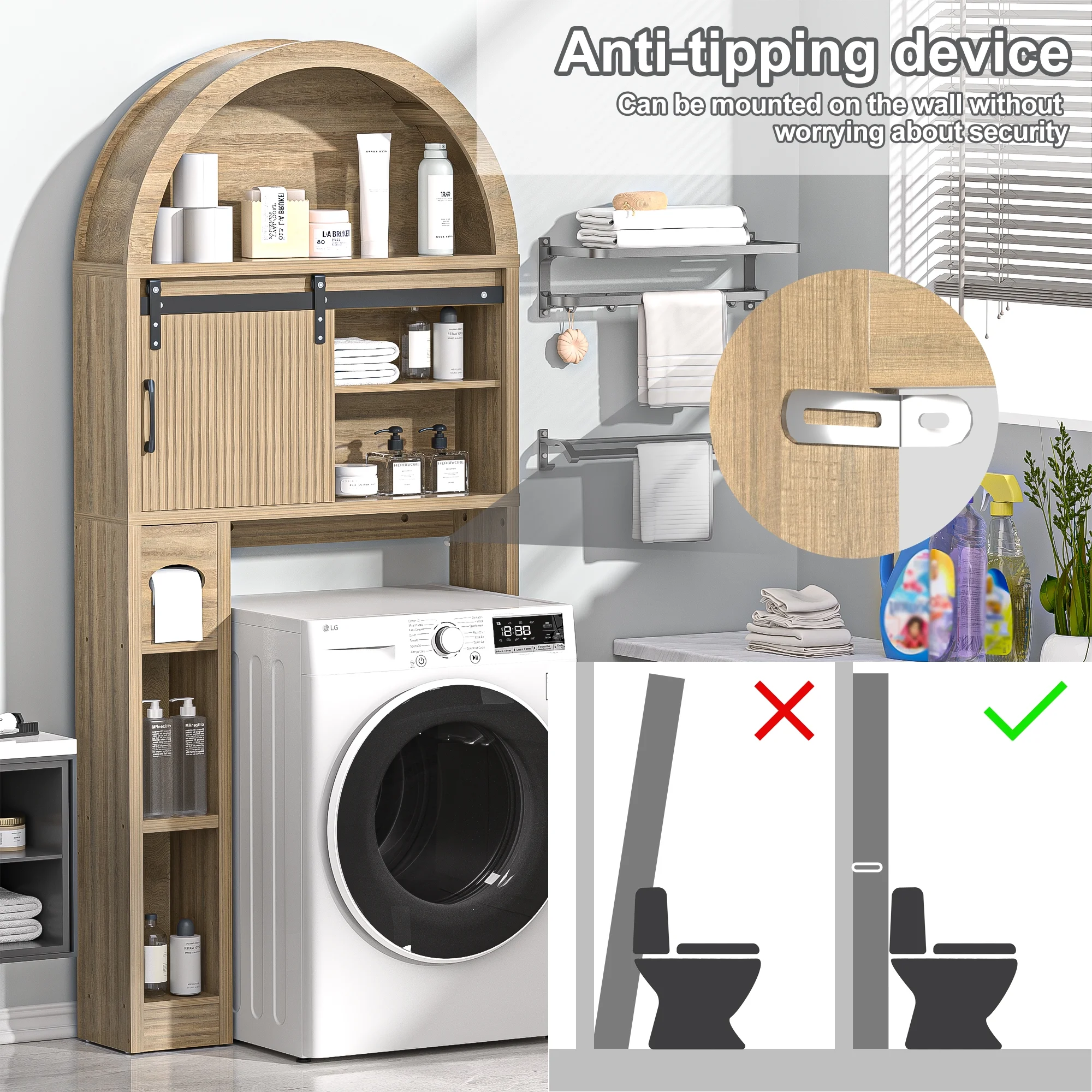 HARIPUL Over The Toilet Storage Cabinet w/ Unique Wood Grain & Arc Design, Freestanding Bathroom Shelf Organizer Space Saver w/ Doors & Anti-Tip Device, Wood Color - Image 61