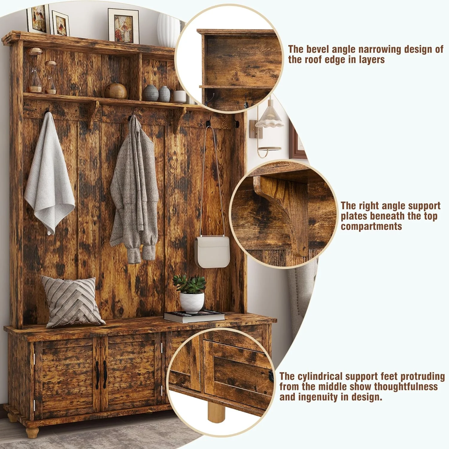 2025 New Hall Tree with 2 Large Drawers and Storage Cabinet, Coat Rack Set with Shoe Bench, Widen Mudroom Bench with 5 Coat Hooks, Hallway Shoe Cabinet for Hallway
