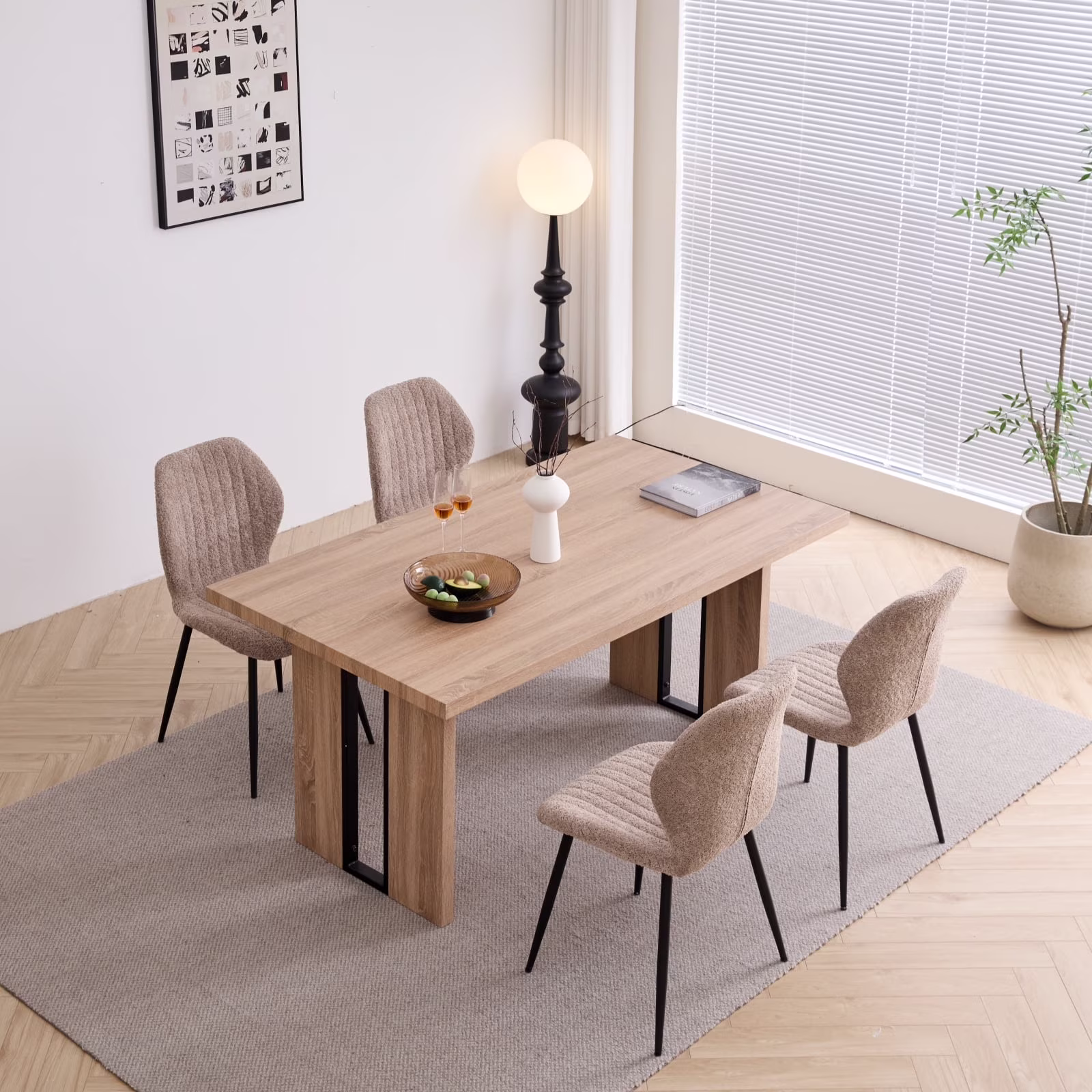 5pcs Rectangle Dining Table Chairs Set for 4, 63" Farmhouse Wood Kitchen Table with 4 Upholstered Mid Century Modern Boucle Chairs for Dinner, Living Dining Room, Apartment, Beige - Image 5